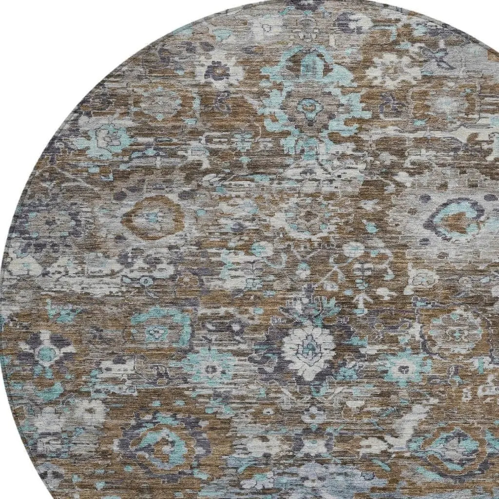 8' Brown And Teal Blue Round Floral Washable Indoor Outdoor Area Rug Homeroots Outdoor