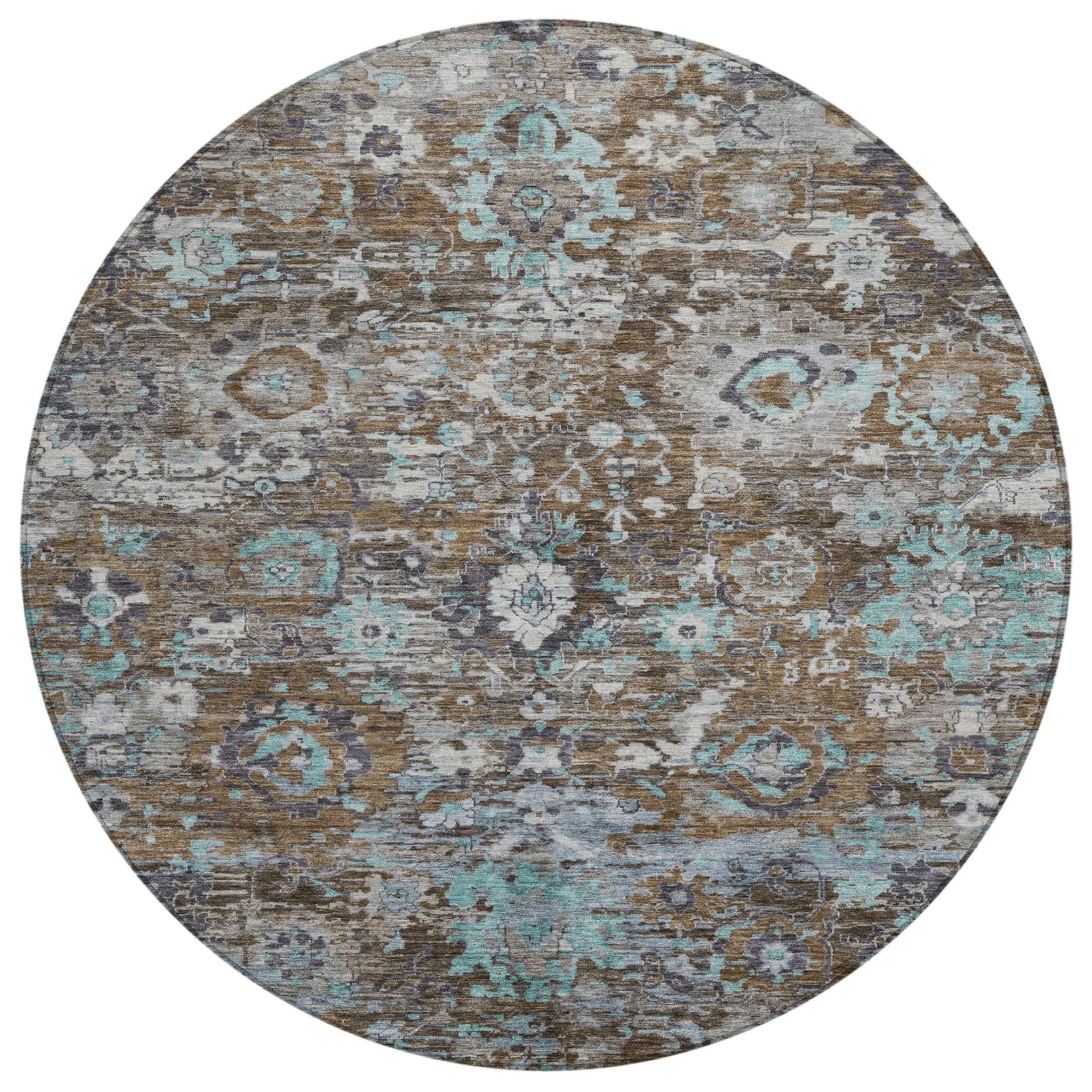 8' Brown And Teal Blue Round Floral Washable Indoor Outdoor Area Rug Homeroots Outdoor