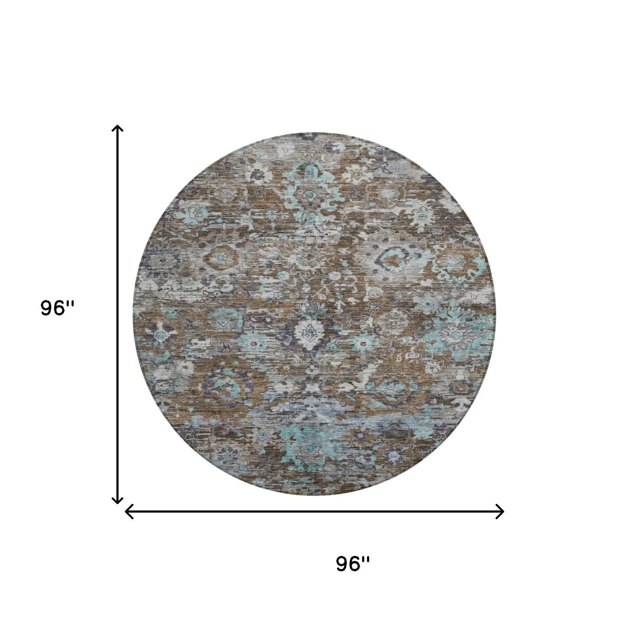 8' Brown And Teal Blue Round Floral Washable Indoor Outdoor Area Rug Homeroots Outdoor