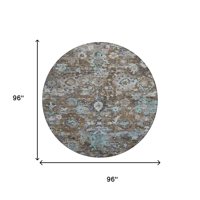 8' Brown And Teal Blue Round Floral Washable Indoor Outdoor Area Rug Homeroots Outdoor