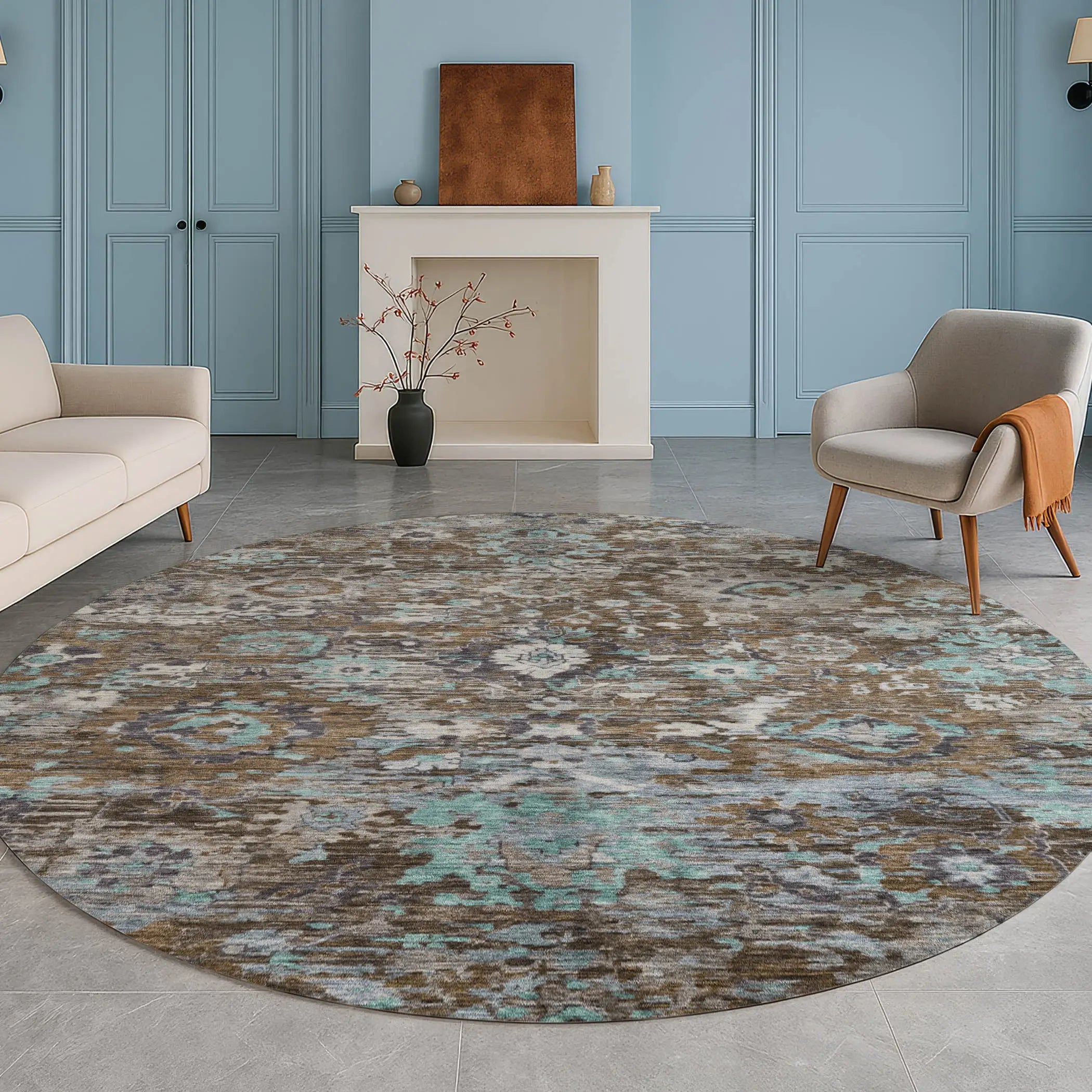 8' Brown And Teal Blue Round Floral Washable Indoor Outdoor Area Rug Homeroots Outdoor