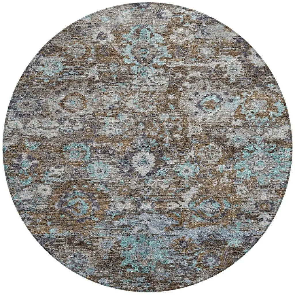 8' Brown And Teal Blue Round Floral Washable Indoor Outdoor Area Rug Homeroots Outdoor