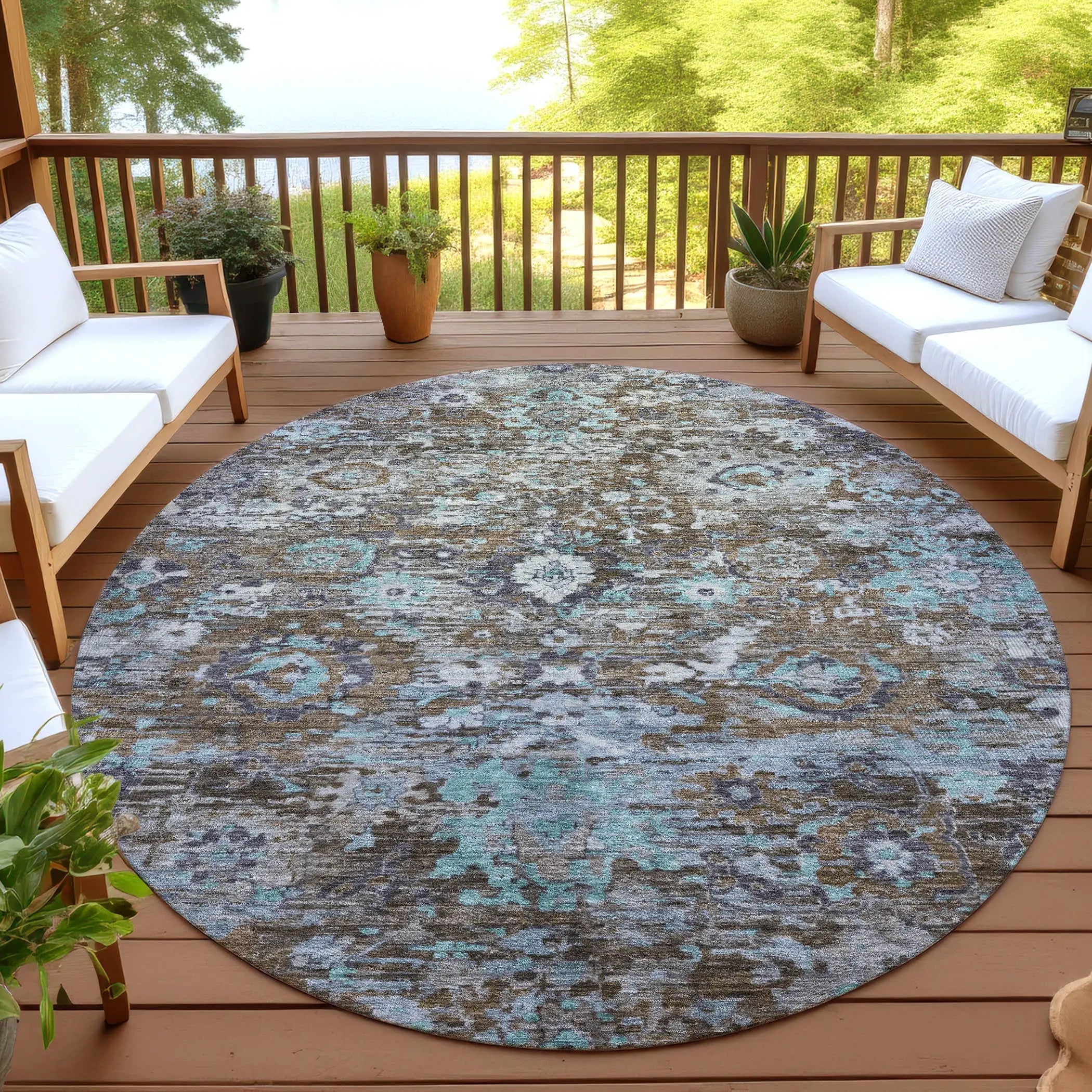 8' Brown And Teal Blue Round Floral Washable Indoor Outdoor Area Rug Homeroots Outdoor