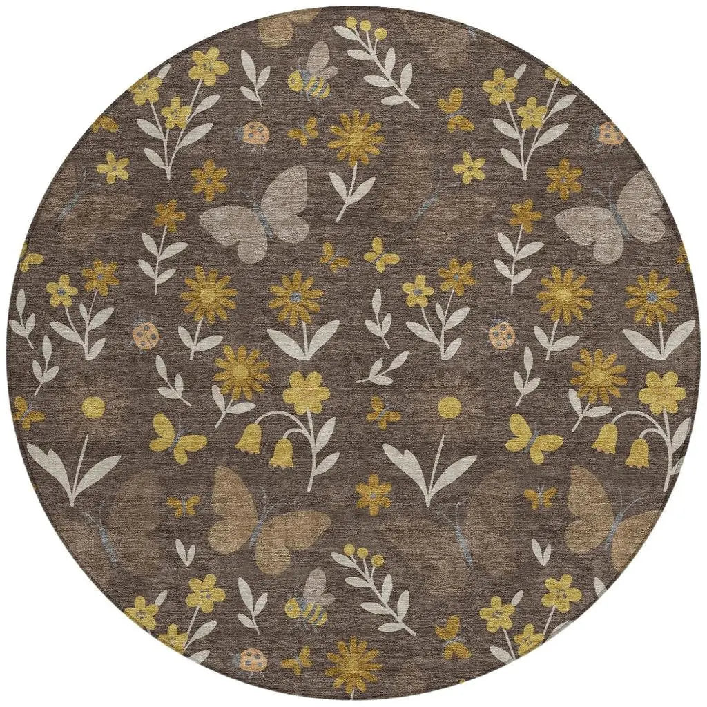 8' Brown And Walnut Round Abstract Washable Indoor Outdoor Area Rug Homeroots Outdoor