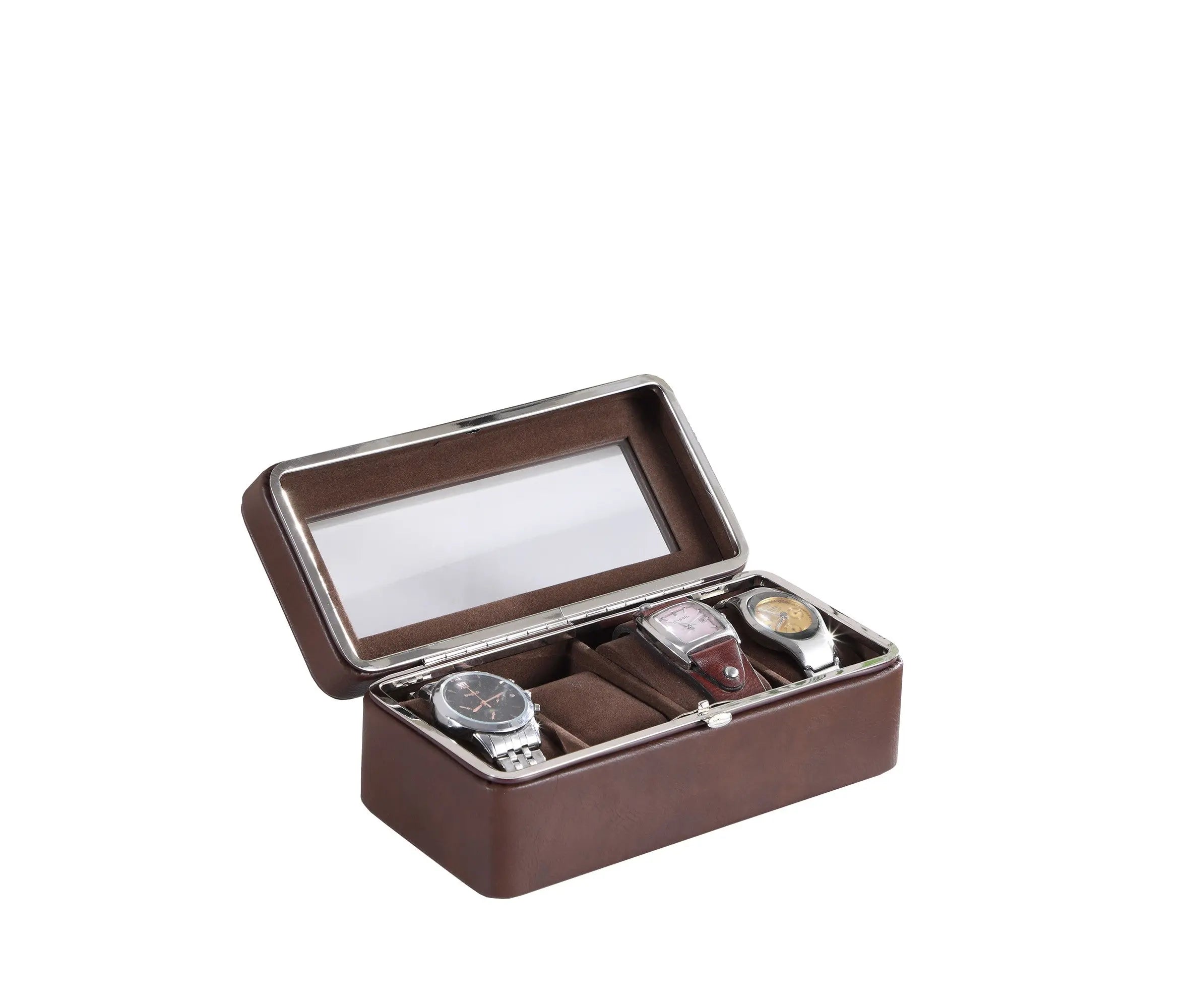8" Brown Clear And Silver Faux Leather And Glass Six Section Watch Box With Metal Accents Homeroots Organization