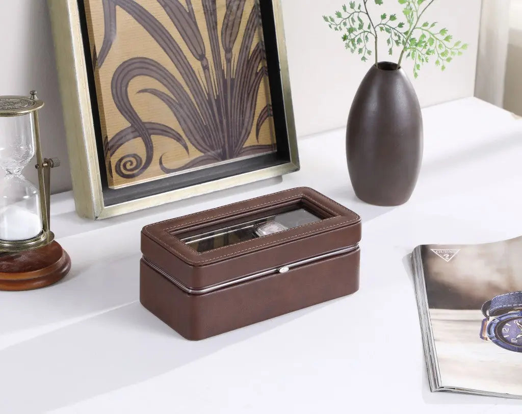 8" Brown Clear And Silver Faux Leather And Glass Six Section Watch Box With Metal Accents Homeroots Organization