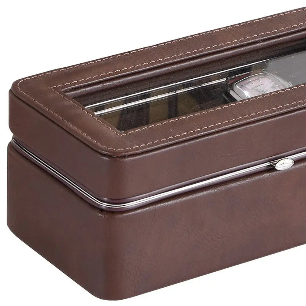 8" Brown Clear And Silver Faux Leather And Glass Six Section Watch Box With Metal Accents Homeroots Organization