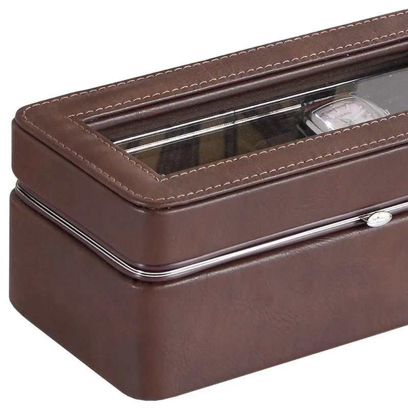 8" Brown Clear And Silver Faux Leather And Glass Six Section Watch Box With Metal Accents Homeroots Organization