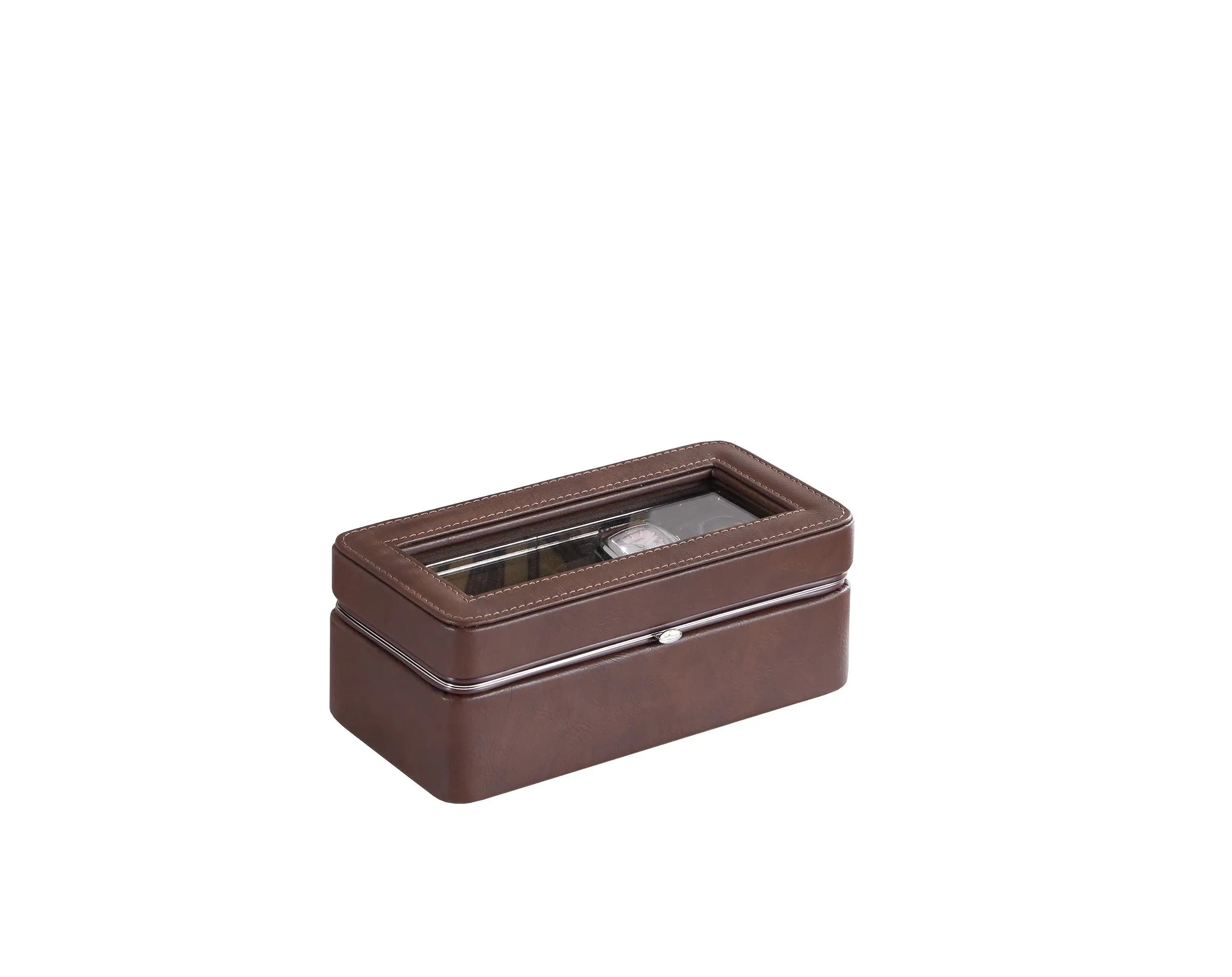 8" Brown Clear And Silver Faux Leather And Glass Six Section Watch Box With Metal Accents Homeroots Organization