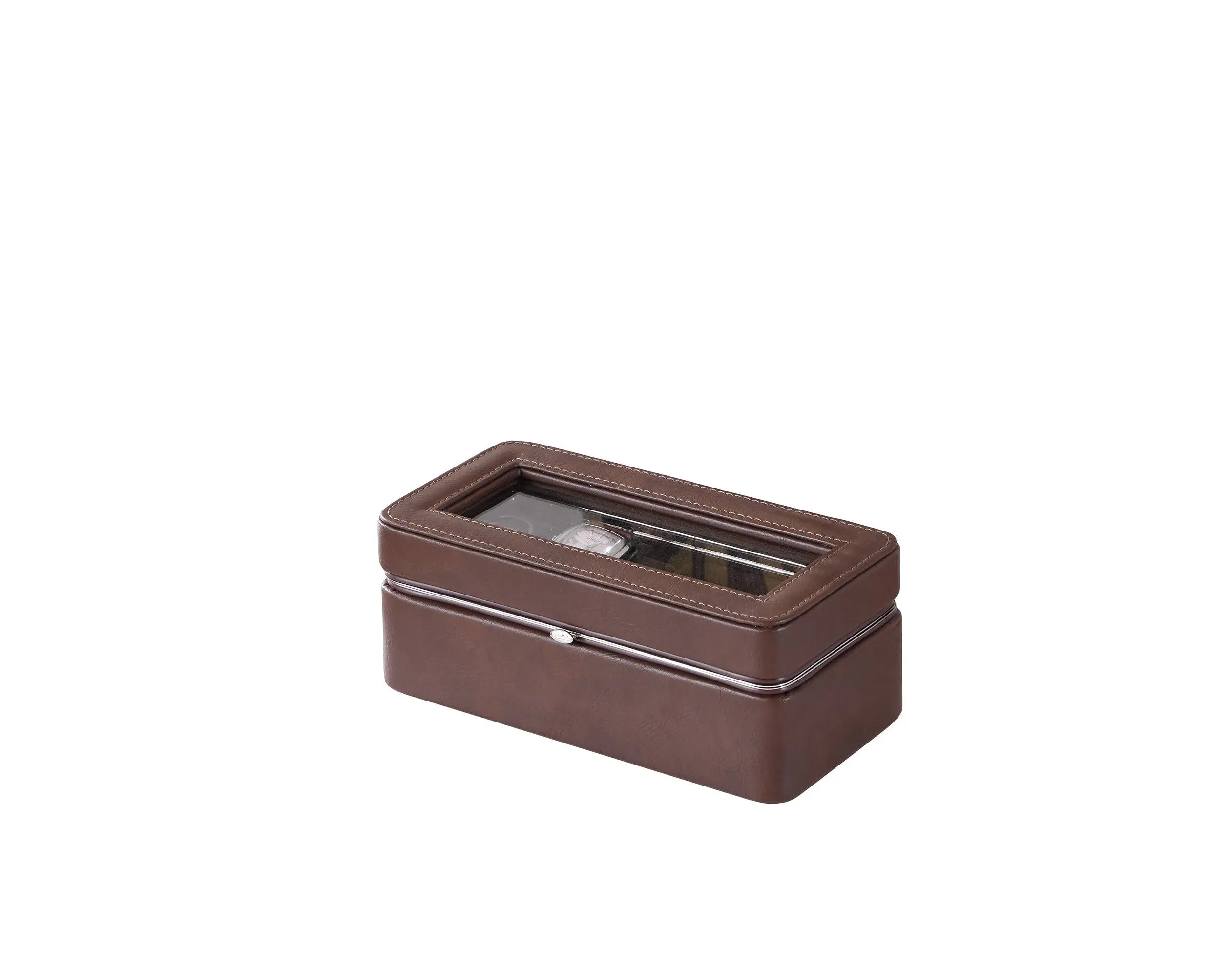 8" Brown Clear And Silver Faux Leather And Glass Six Section Watch Box With Metal Accents Homeroots Organization