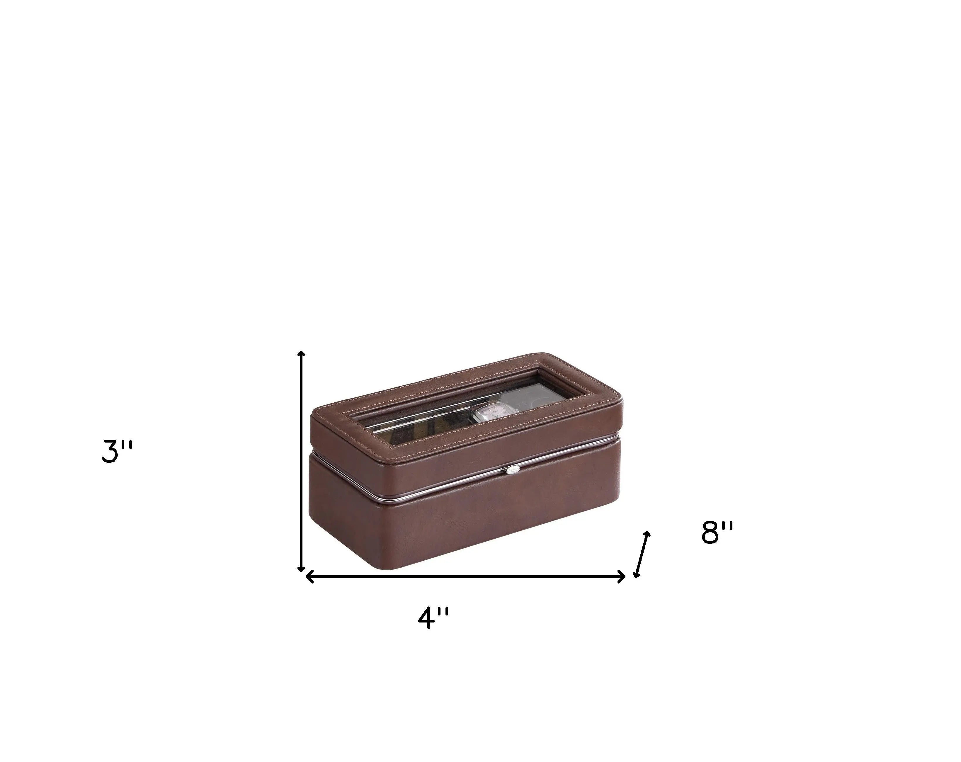 8" Brown Clear And Silver Faux Leather And Glass Six Section Watch Box With Metal Accents Homeroots Organization