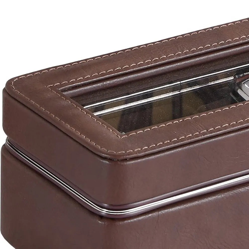 8" Brown Clear And Silver Faux Leather And Glass Six Section Watch Box With Metal Accents Homeroots Organization