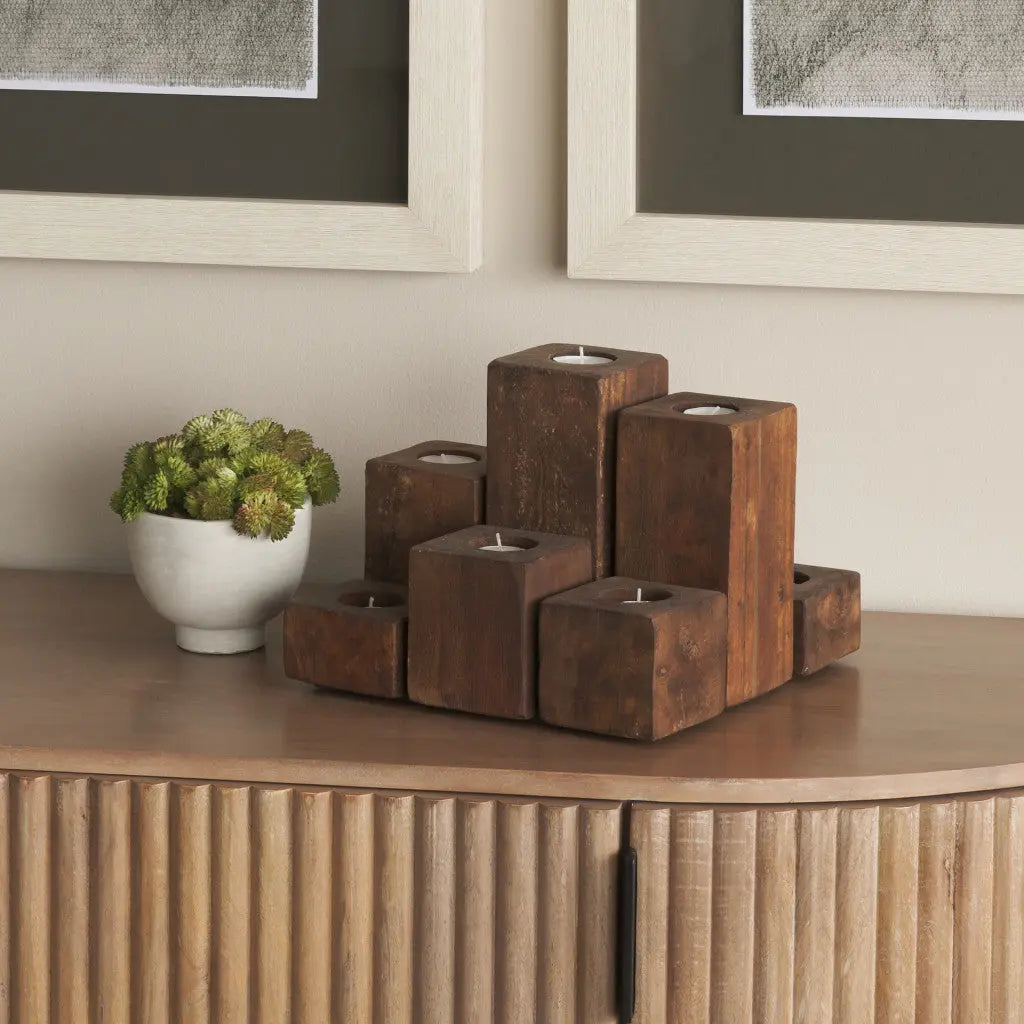 8" Brown Solid Wood Tabletop Candelabra Candle Holder Homeroots Home Decor