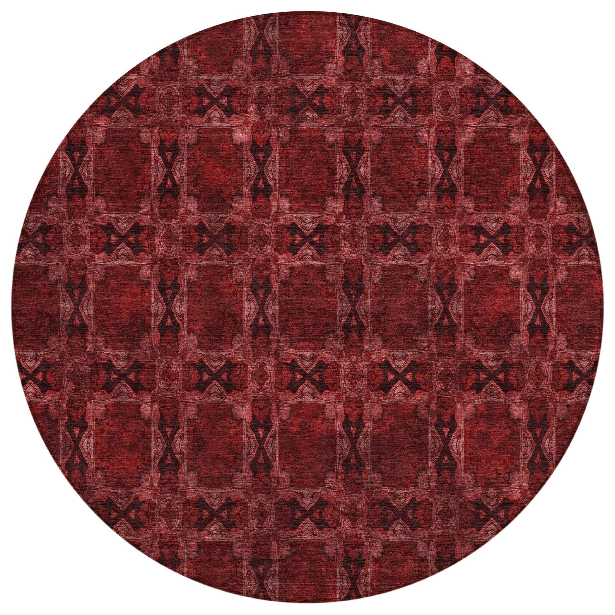 8' Burgundy And Black Round Floral Medallion Washable Indoor Outdoor Area Rug - GreatEagleInc
