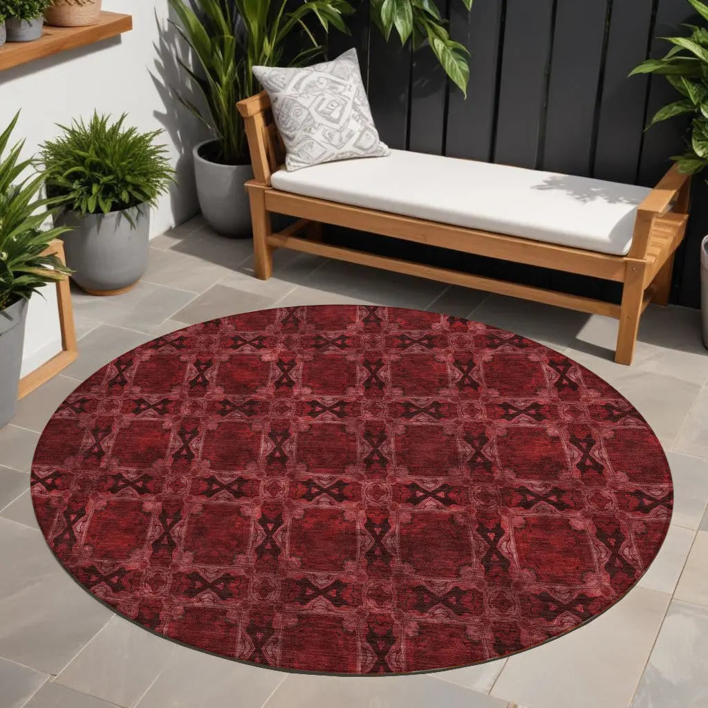 8' Burgundy And Black Round Floral Medallion Washable Indoor Outdoor Area Rug - GreatEagleInc