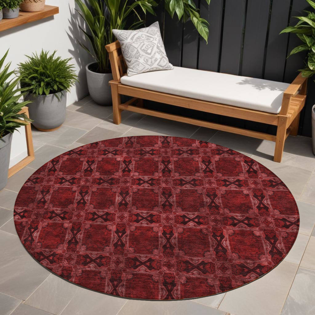 8' Burgundy And Black Round Floral Medallion Washable Indoor Outdoor Area Rug - GreatEagleInc