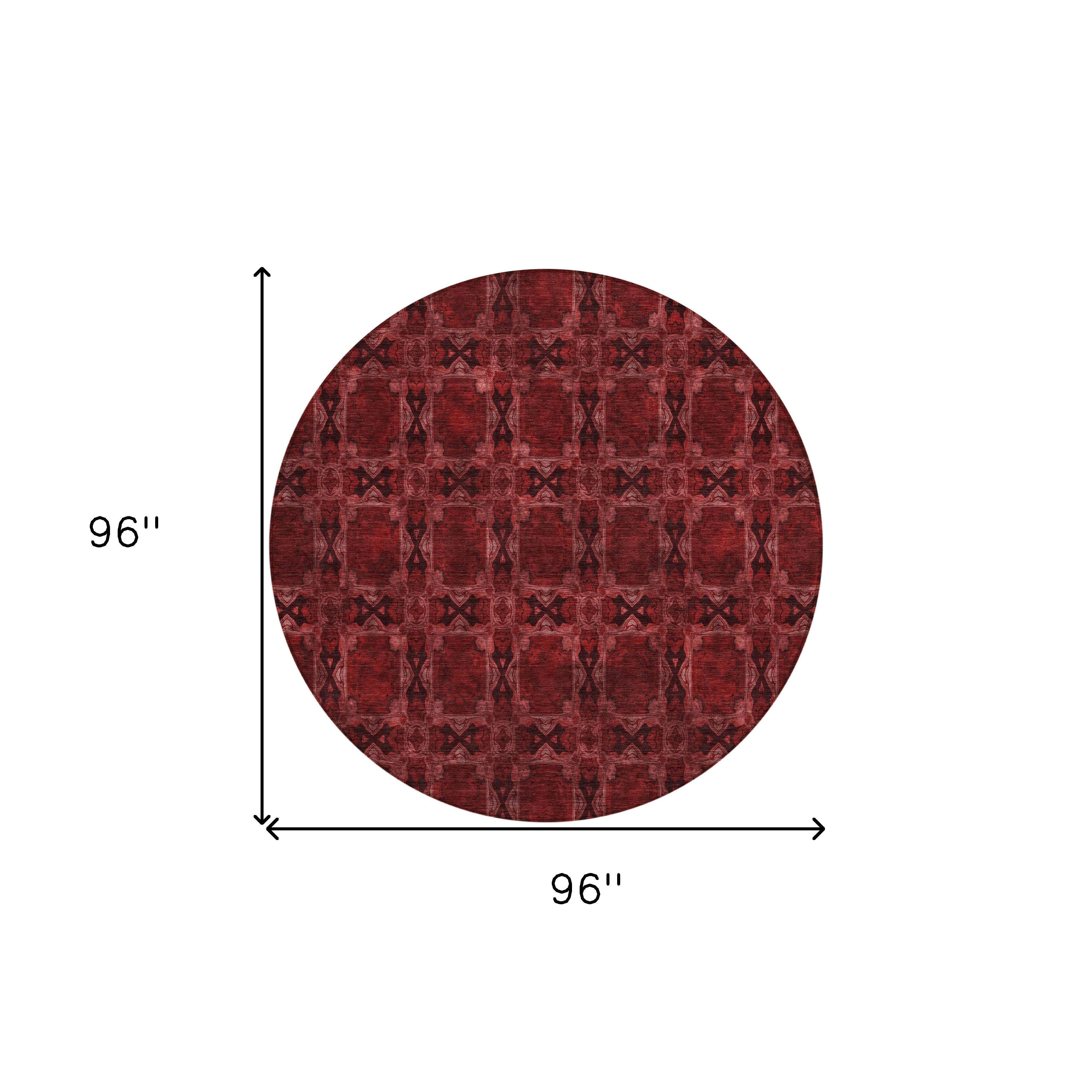 8' Burgundy And Black Round Floral Medallion Washable Indoor Outdoor Area Rug - GreatEagleInc