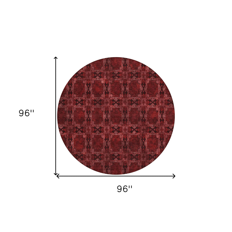 8' Burgundy And Black Round Floral Medallion Washable Indoor Outdoor Area Rug - GreatEagleInc