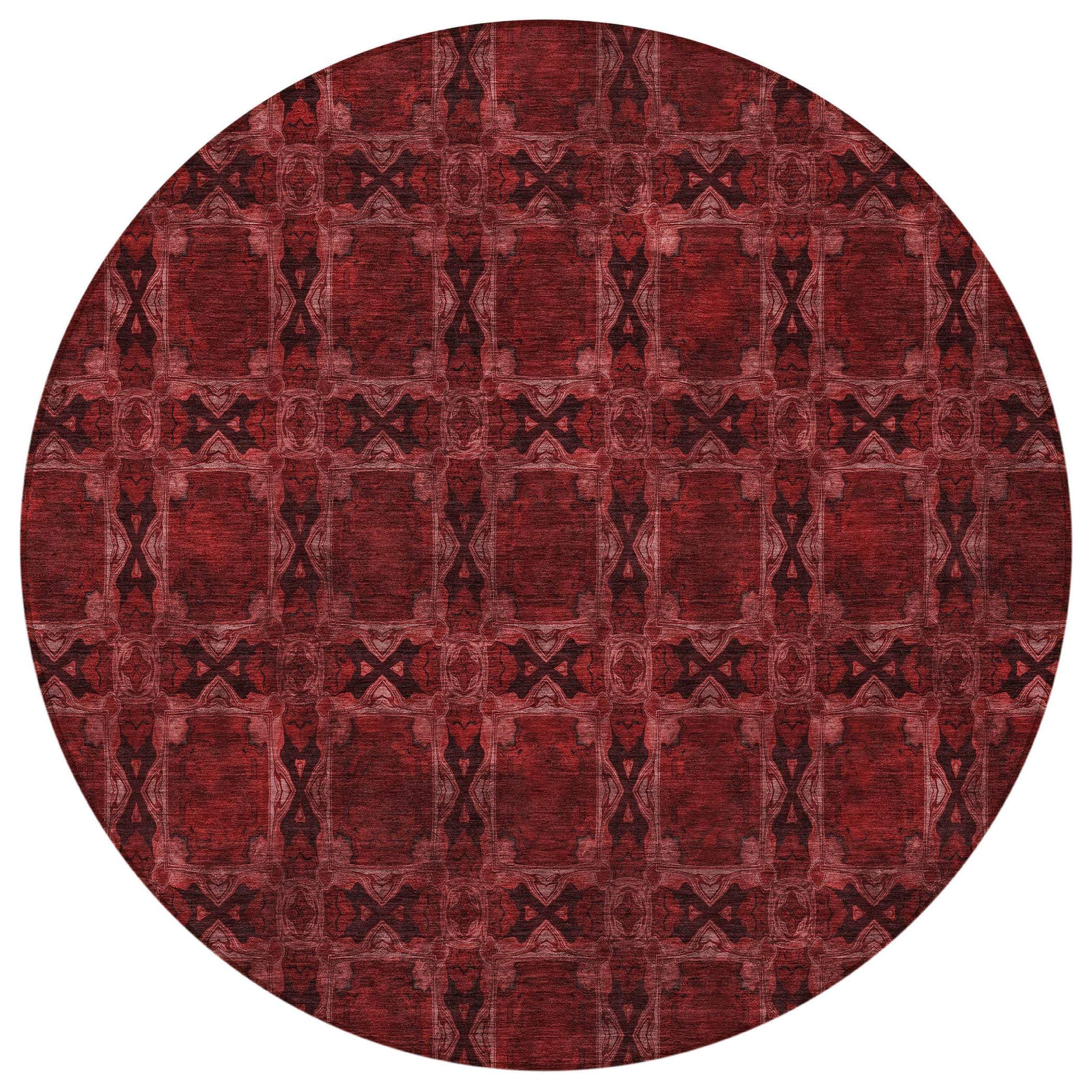 8' Burgundy And Black Round Floral Medallion Washable Indoor Outdoor Area Rug - GreatEagleInc