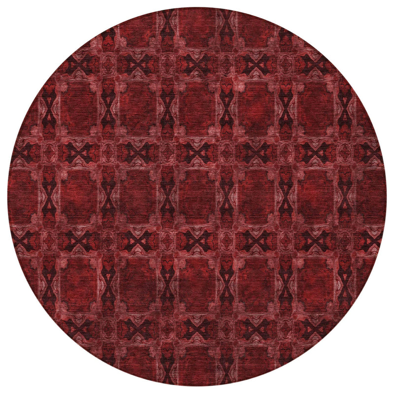 8' Burgundy And Black Round Floral Medallion Washable Indoor Outdoor Area Rug - GreatEagleInc