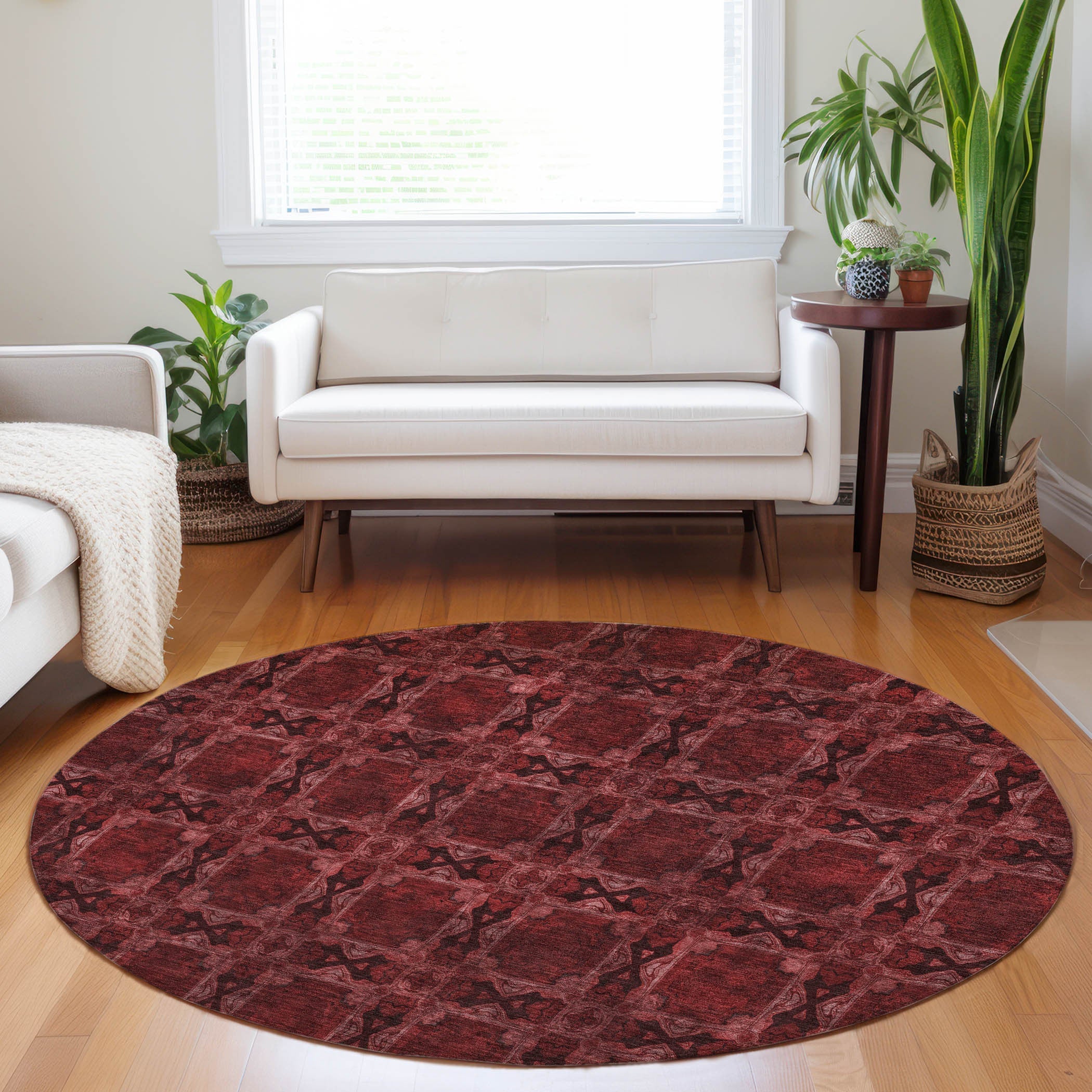 8' Burgundy And Black Round Floral Medallion Washable Indoor Outdoor Area Rug - GreatEagleInc