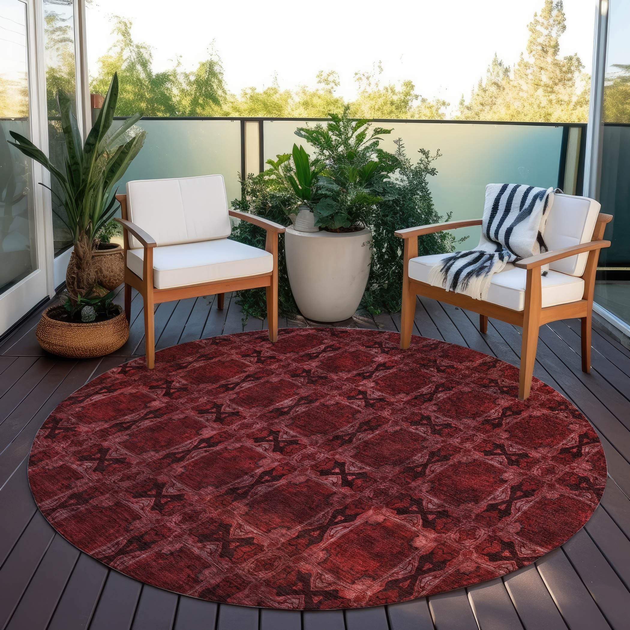 8' Burgundy And Black Round Floral Medallion Washable Indoor Outdoor Area Rug - GreatEagleInc