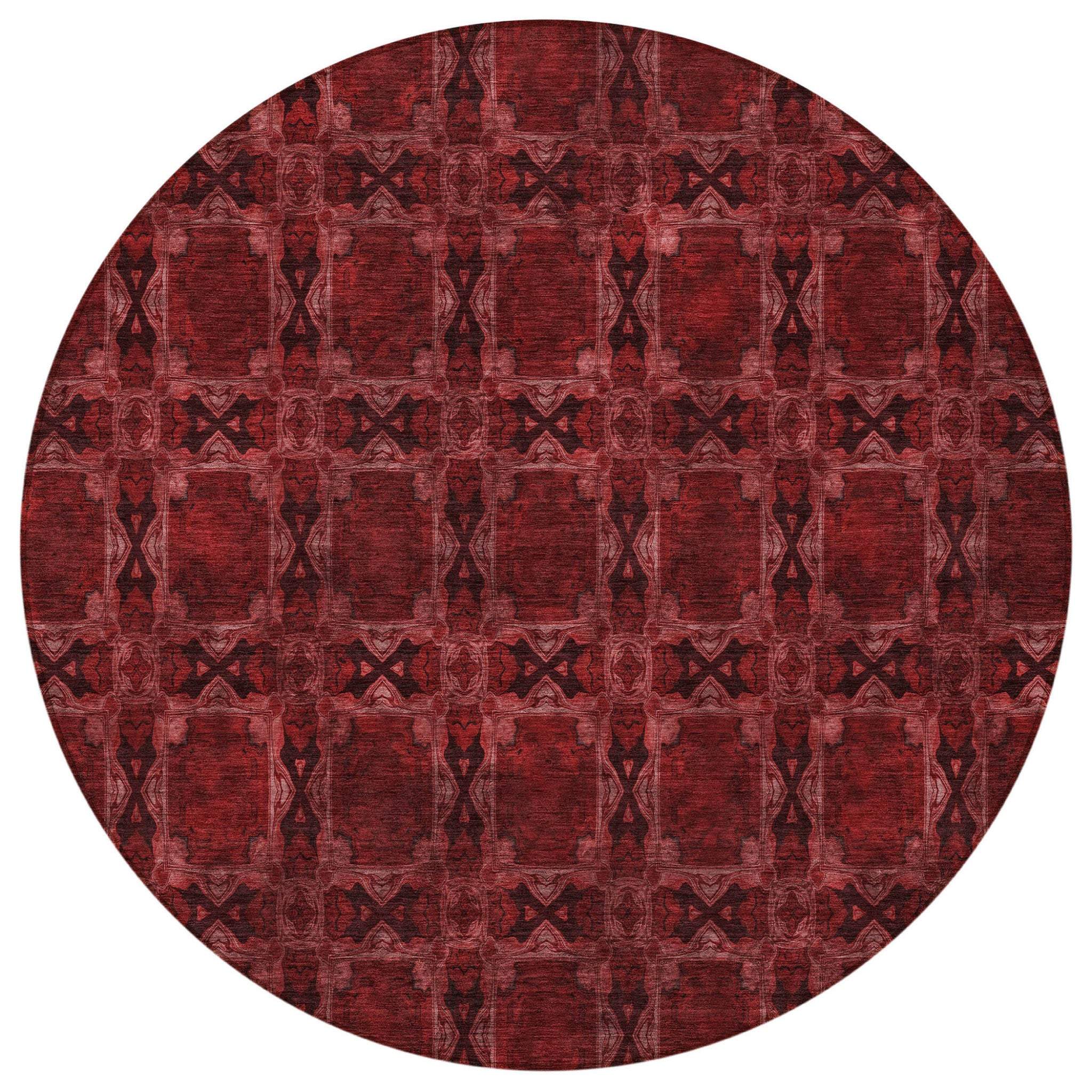 8' Burgundy And Black Round Floral Medallion Washable Indoor Outdoor Area Rug - GreatEagleInc