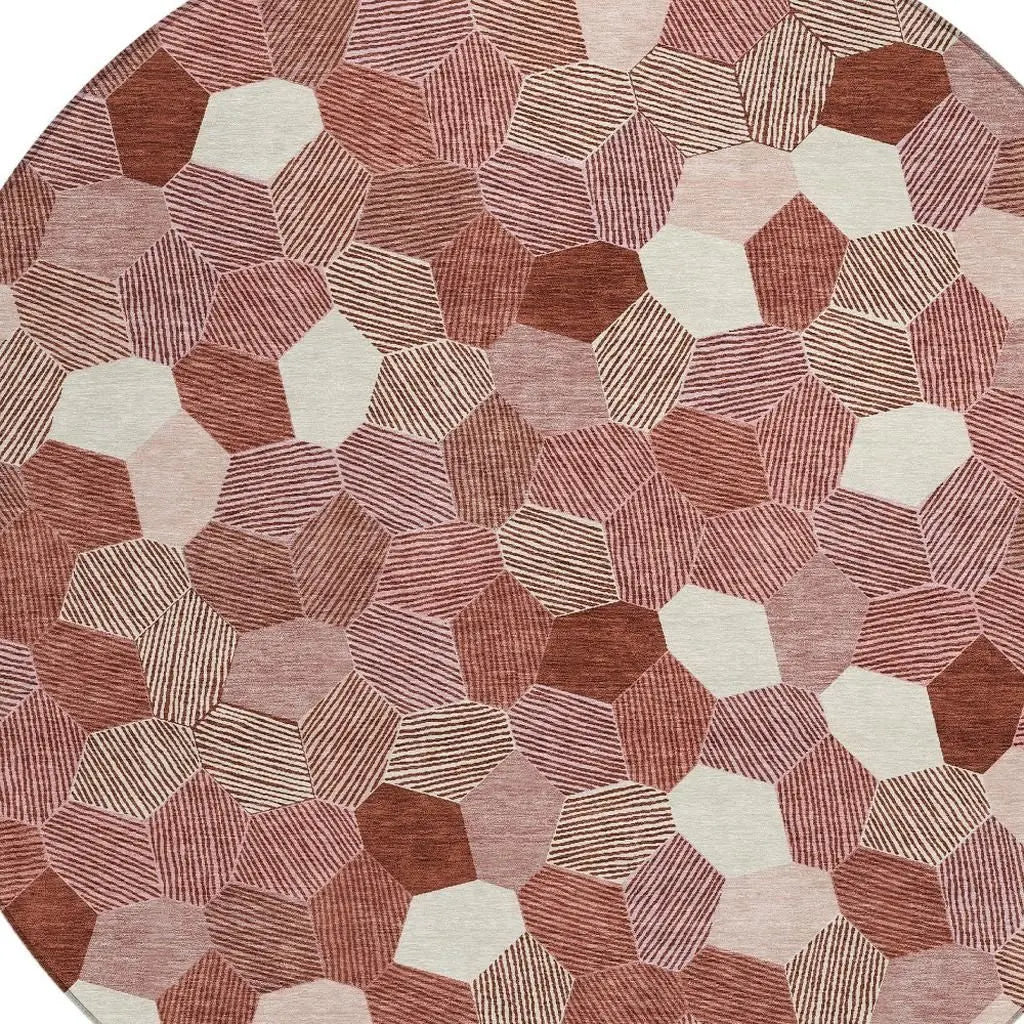 8' Burgundy And Ivory Round Geometric Washable Indoor Outdoor Area Rug Homeroots Outdoor