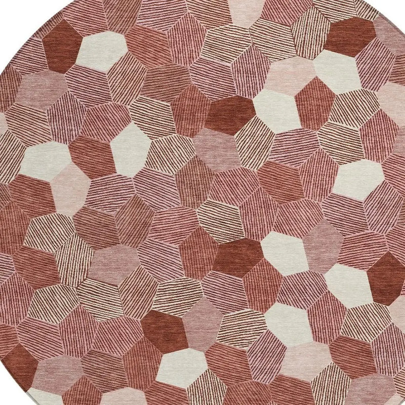 8' Burgundy And Ivory Round Geometric Washable Indoor Outdoor Area Rug Homeroots Outdoor