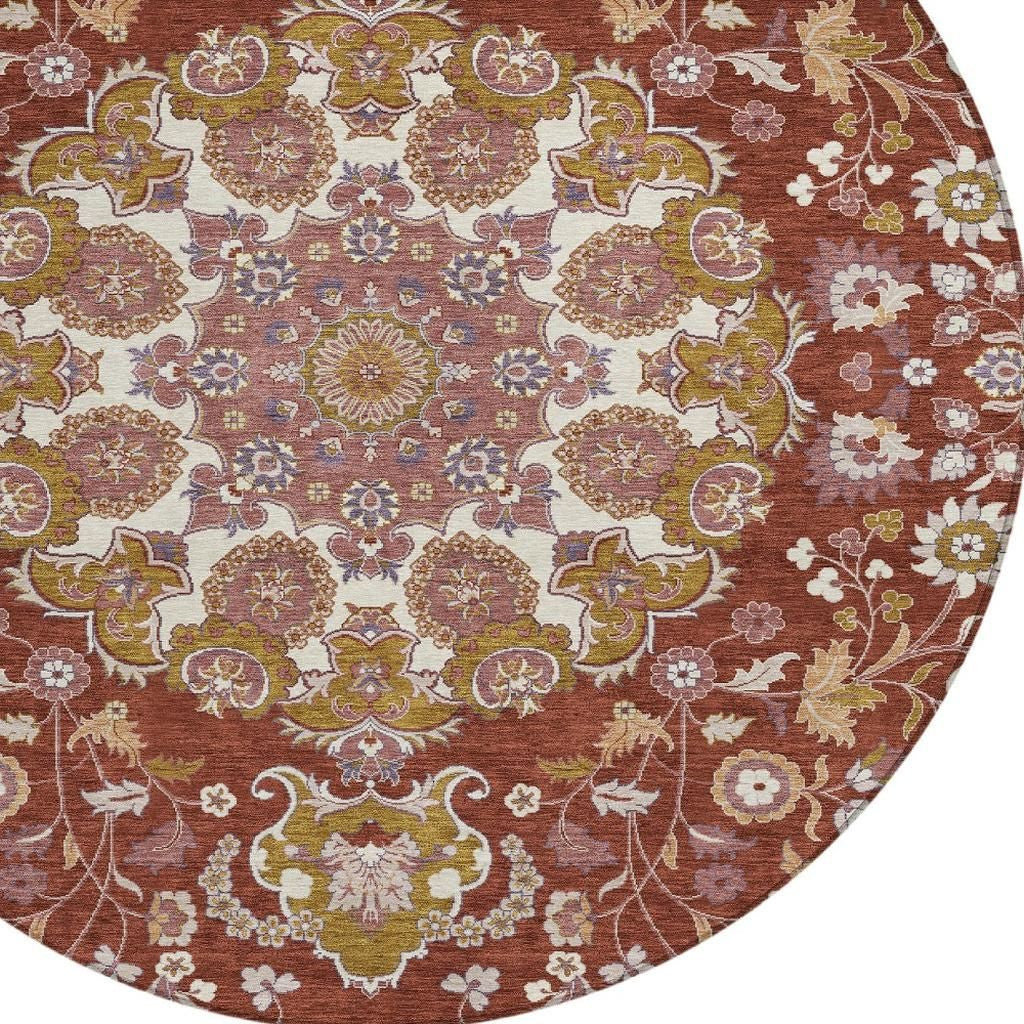 8' Burgundy And Red Round Damask Washable Indoor Outdoor Area Rug Homeroots Outdoor