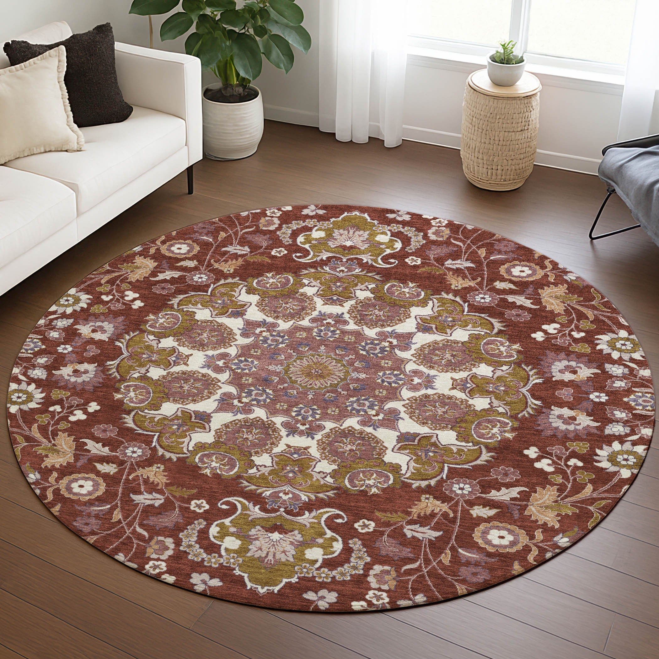 8' Burgundy And Red Round Damask Washable Indoor Outdoor Area Rug Homeroots Outdoor