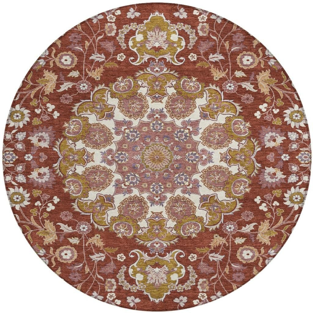 8' Burgundy And Red Round Damask Washable Indoor Outdoor Area Rug Homeroots Outdoor