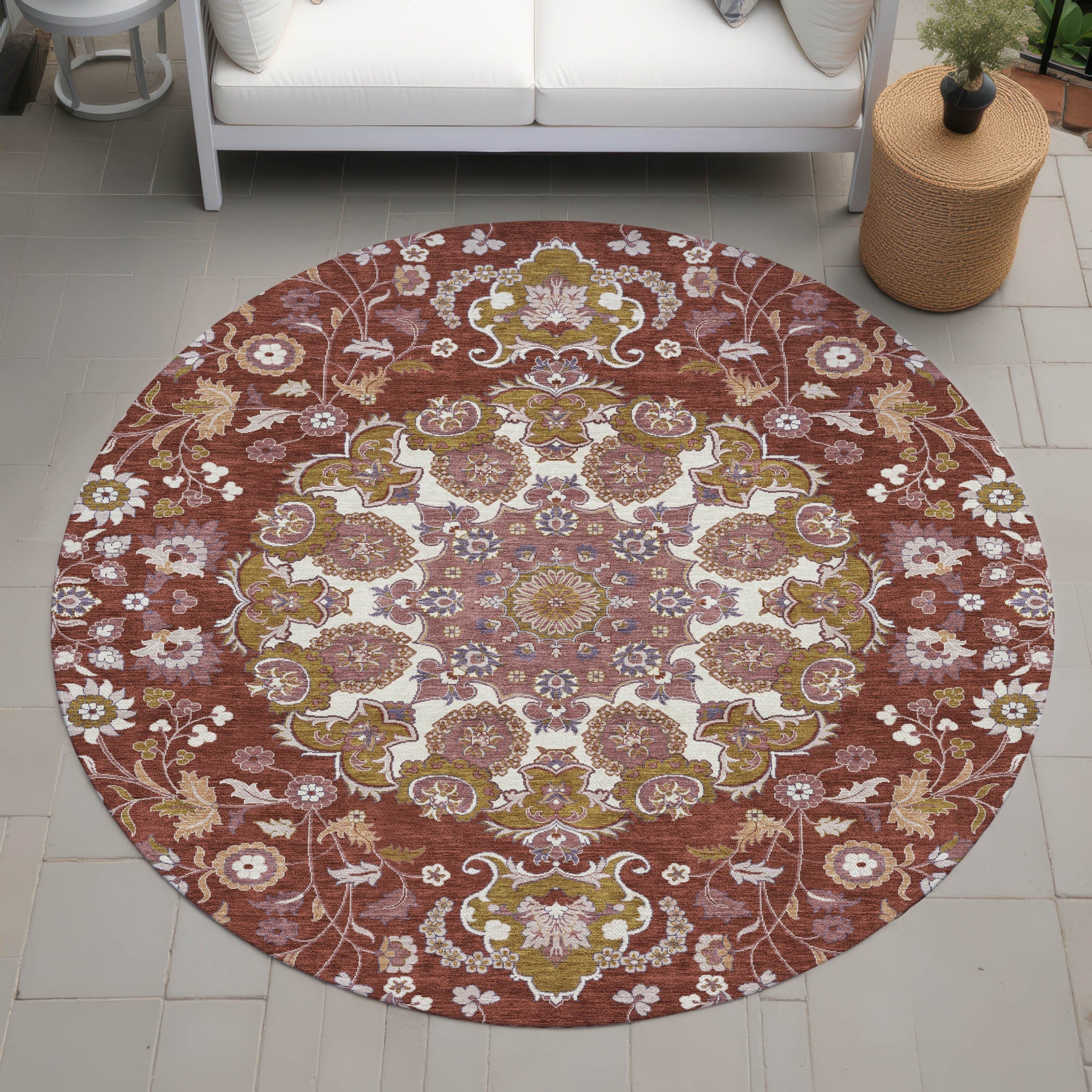 8' Burgundy And Red Round Damask Washable Indoor Outdoor Area Rug Homeroots Outdoor