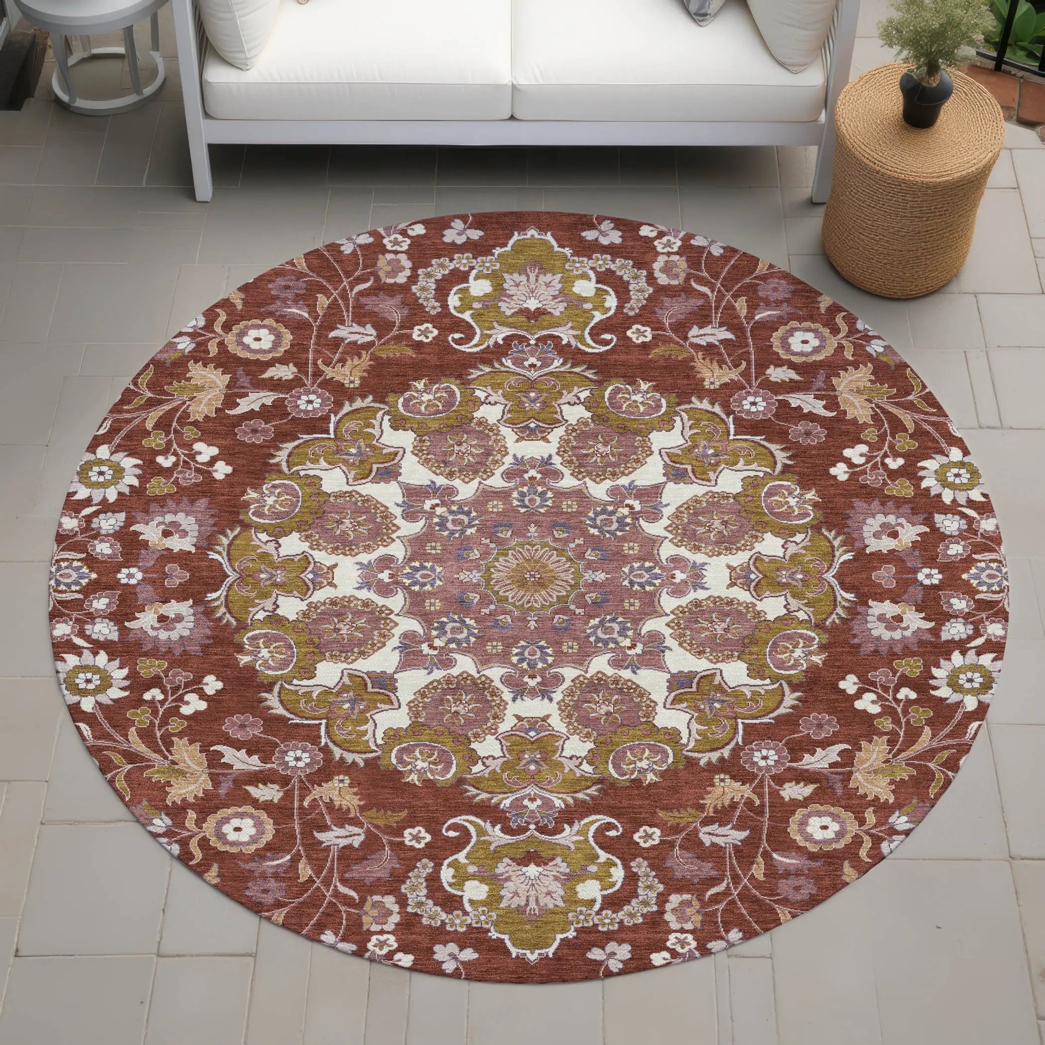 8' Burgundy And Red Round Damask Washable Indoor Outdoor Area Rug Homeroots Outdoor
