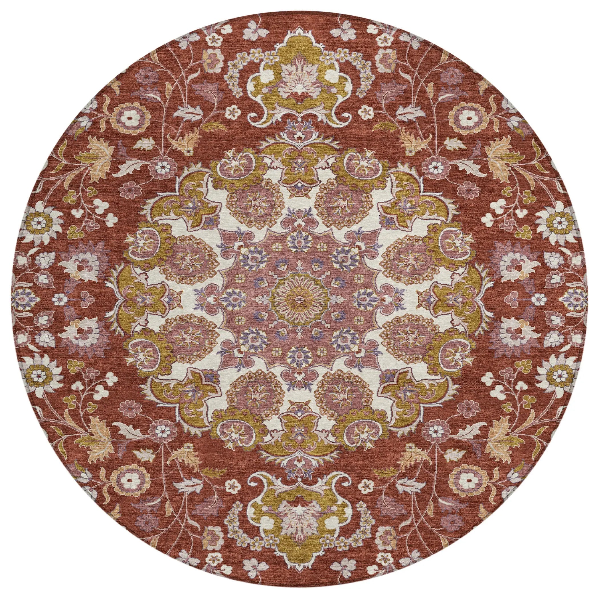 8' Burgundy And Red Round Damask Washable Indoor Outdoor Area Rug Homeroots Outdoor