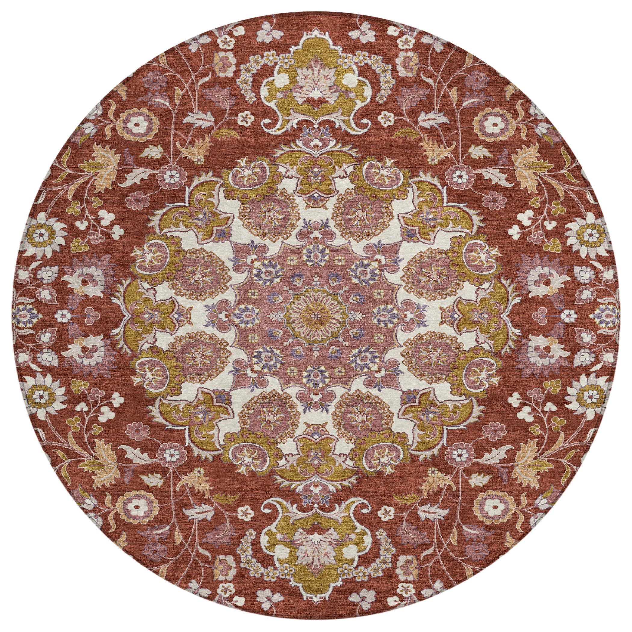 8' Burgundy And Red Round Damask Washable Indoor Outdoor Area Rug Homeroots Outdoor