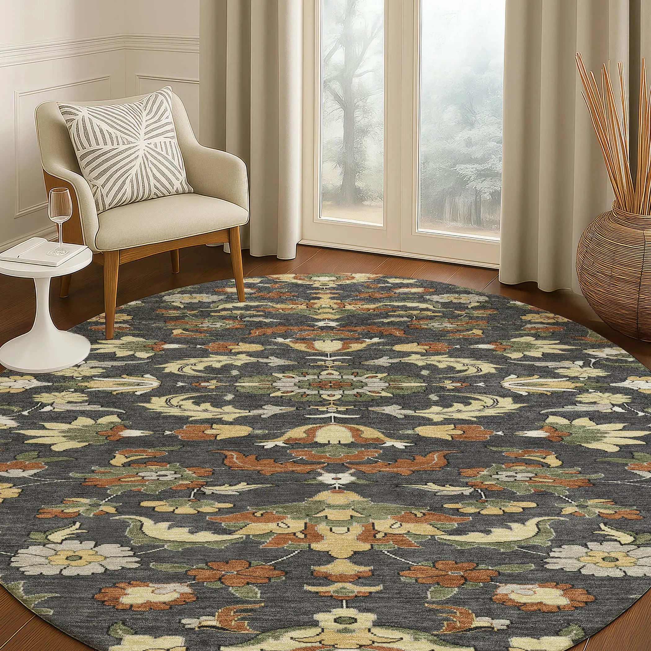 8' Charcoal And Black Round Floral Medallion Washable Indoor Outdoor Area Rug Homeroots Outdoor
