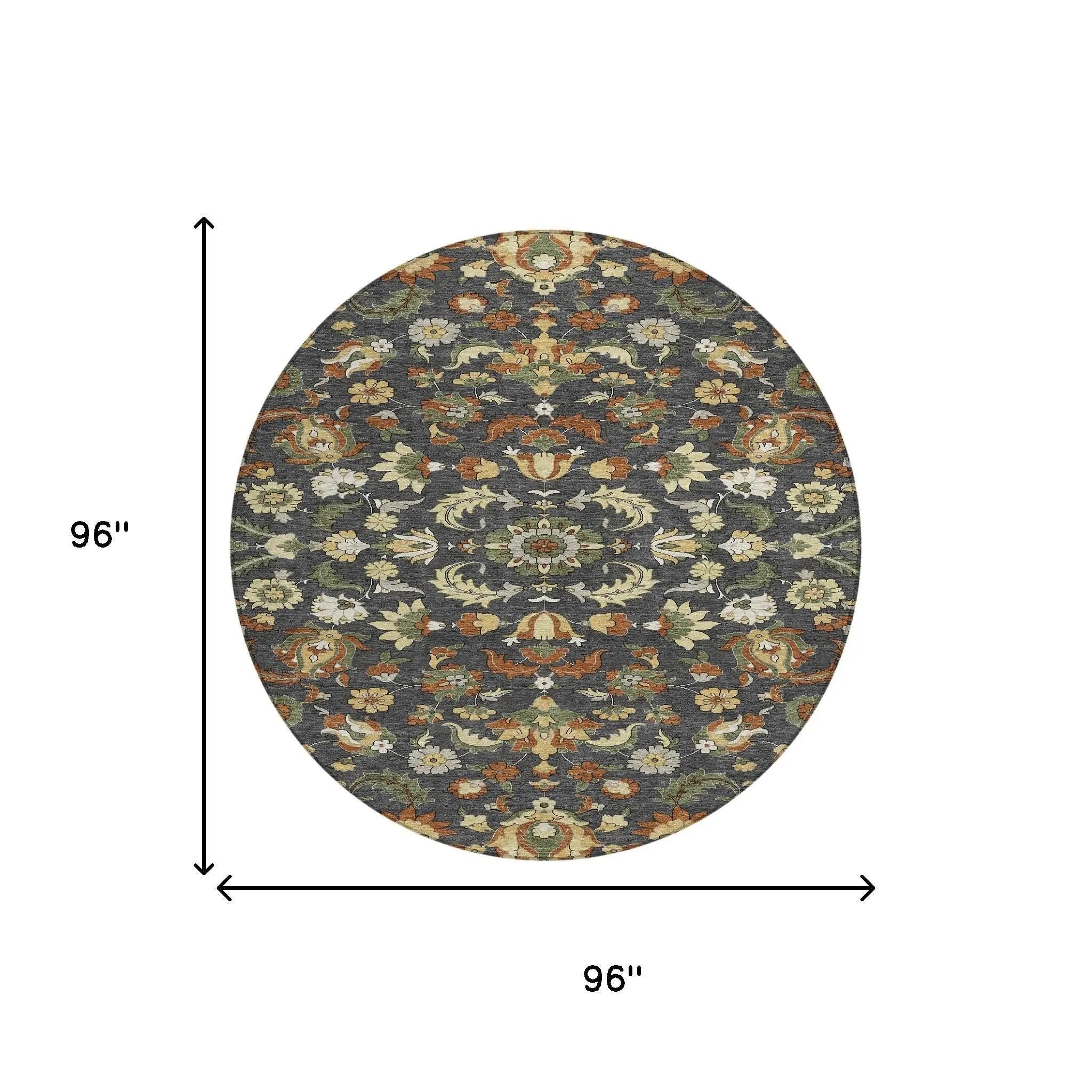 8' Charcoal And Black Round Floral Medallion Washable Indoor Outdoor Area Rug Homeroots Outdoor