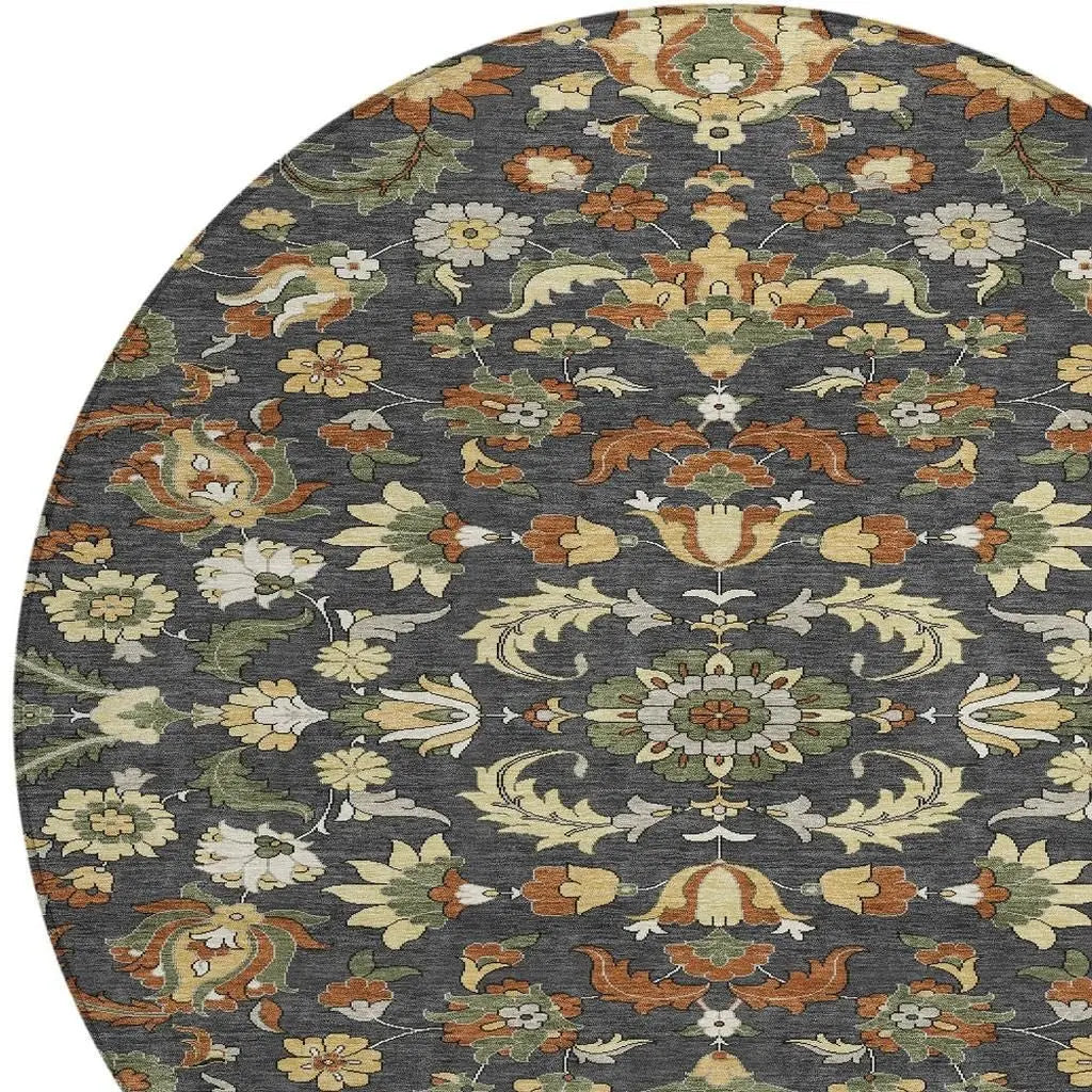 8' Charcoal And Black Round Floral Medallion Washable Indoor Outdoor Area Rug Homeroots Outdoor