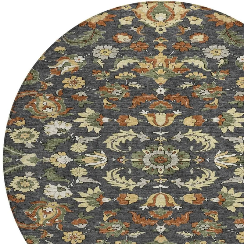 8' Charcoal And Black Round Floral Medallion Washable Indoor Outdoor Area Rug Homeroots Outdoor