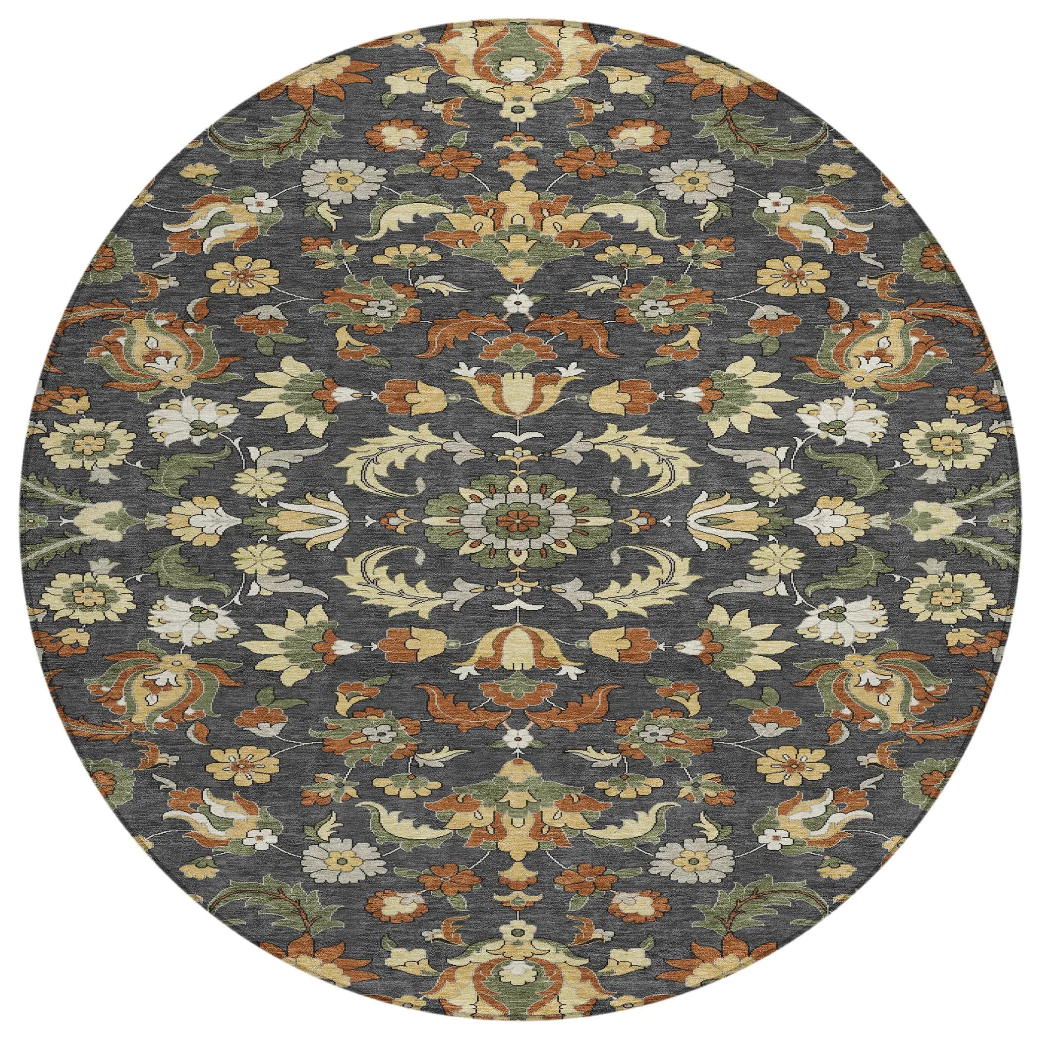 8' Charcoal And Black Round Floral Medallion Washable Indoor Outdoor Area Rug Homeroots Outdoor