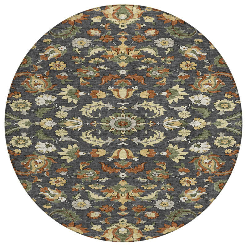 8' Charcoal And Black Round Floral Medallion Washable Indoor Outdoor Area Rug Homeroots Outdoor