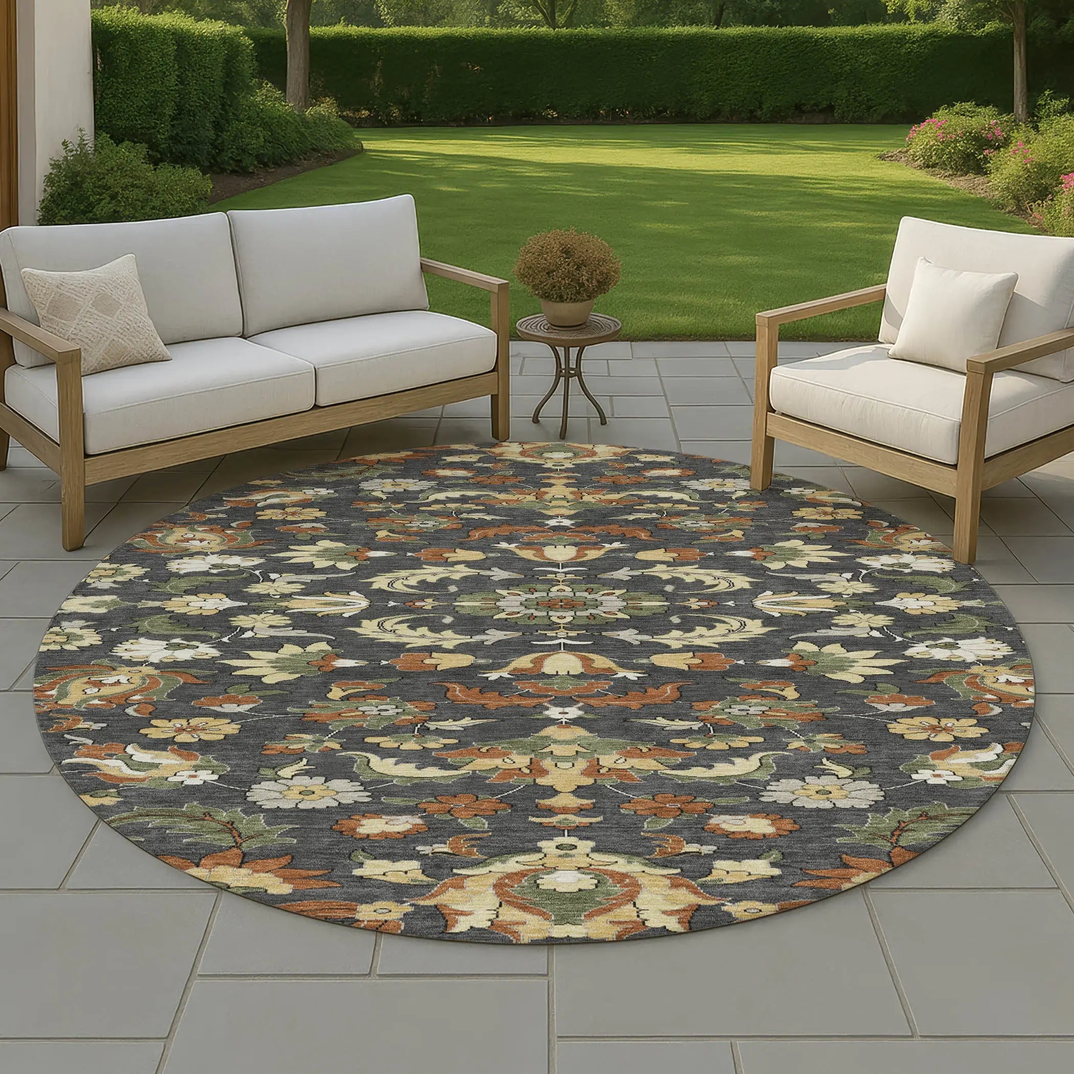 8' Charcoal And Black Round Floral Medallion Washable Indoor Outdoor Area Rug Homeroots Outdoor