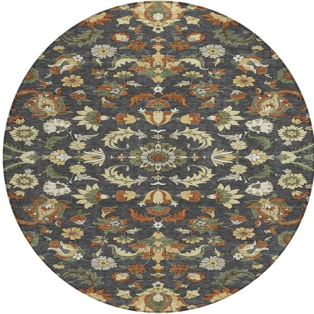 8' Charcoal And Black Round Floral Medallion Washable Indoor Outdoor Area Rug Homeroots Outdoor