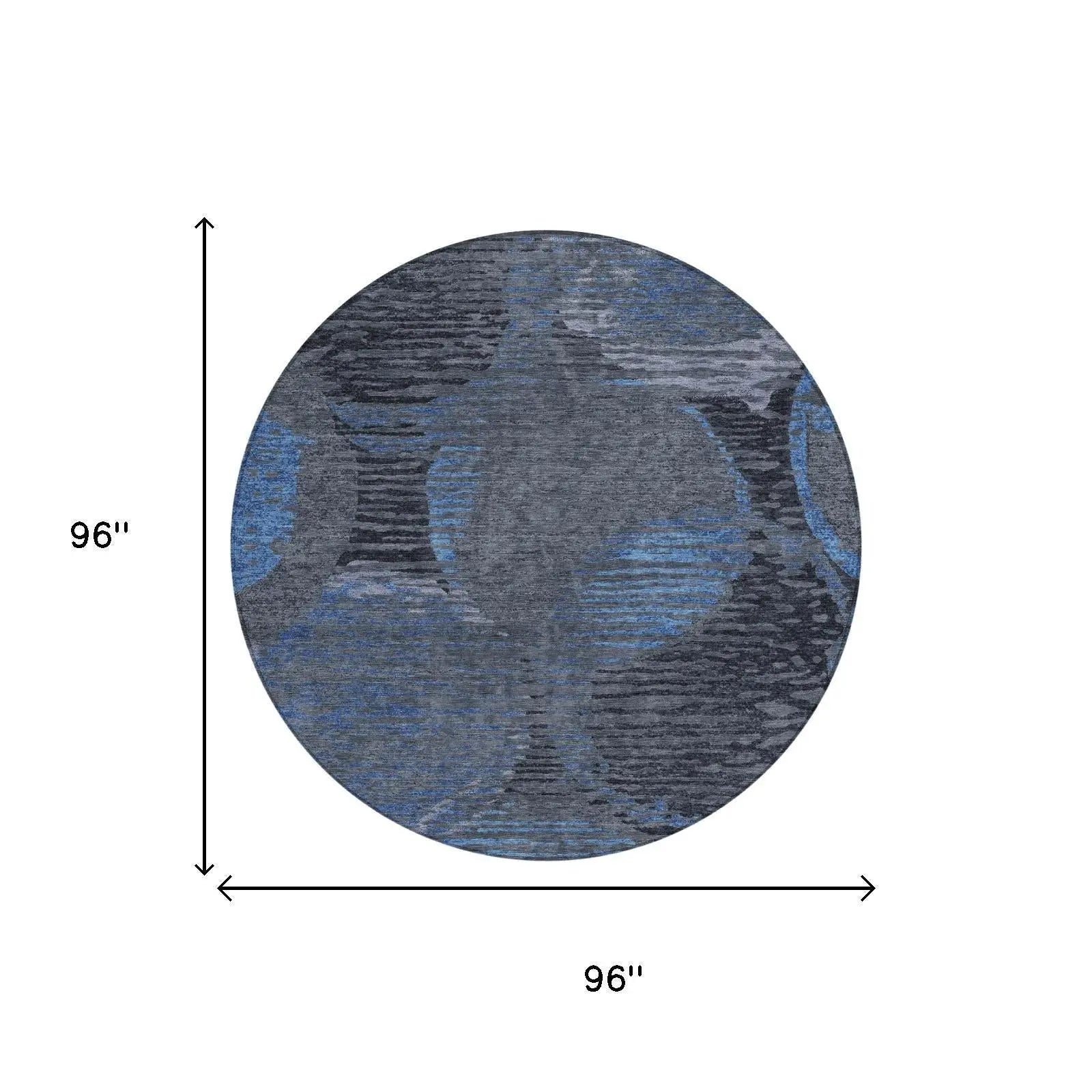 Round blue and gray patterned rug, 96 inches, made of soft synthetic fibers, perfect for modern interiors.