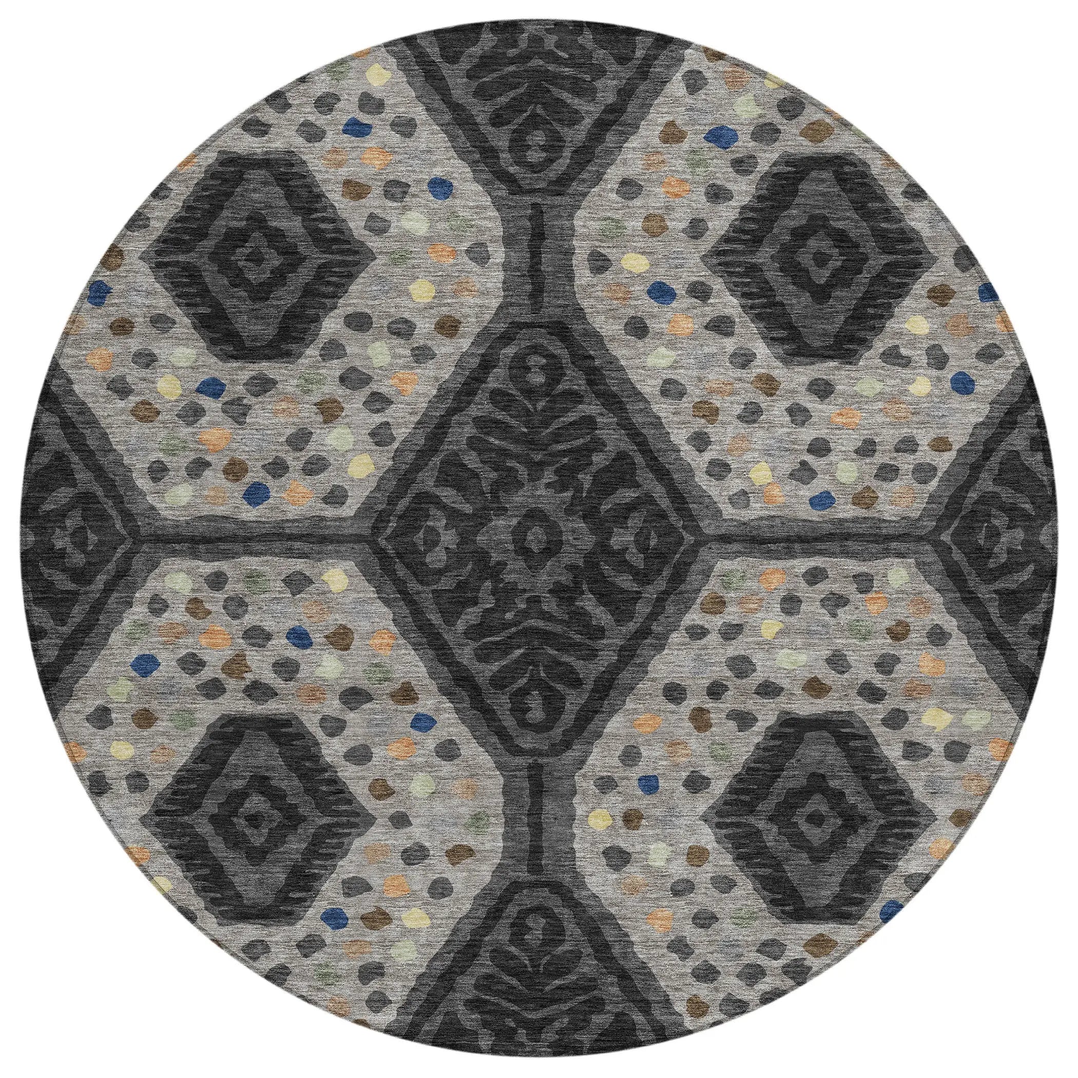 8' Charcoal And Gray Round Tribal Washable Indoor Outdoor Area Rug Homeroots Outdoor