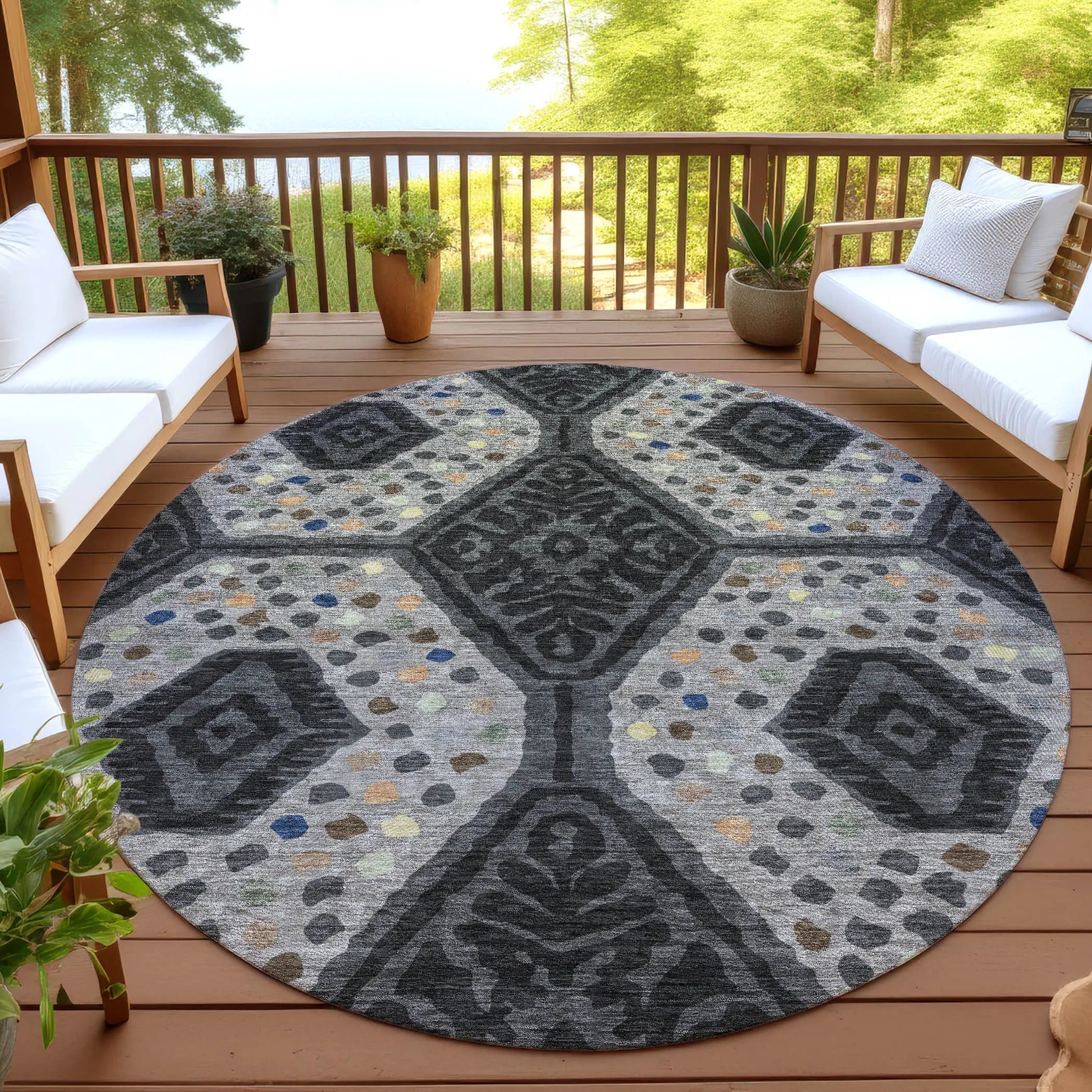 8' Charcoal And Gray Round Tribal Washable Indoor Outdoor Area Rug Homeroots Outdoor