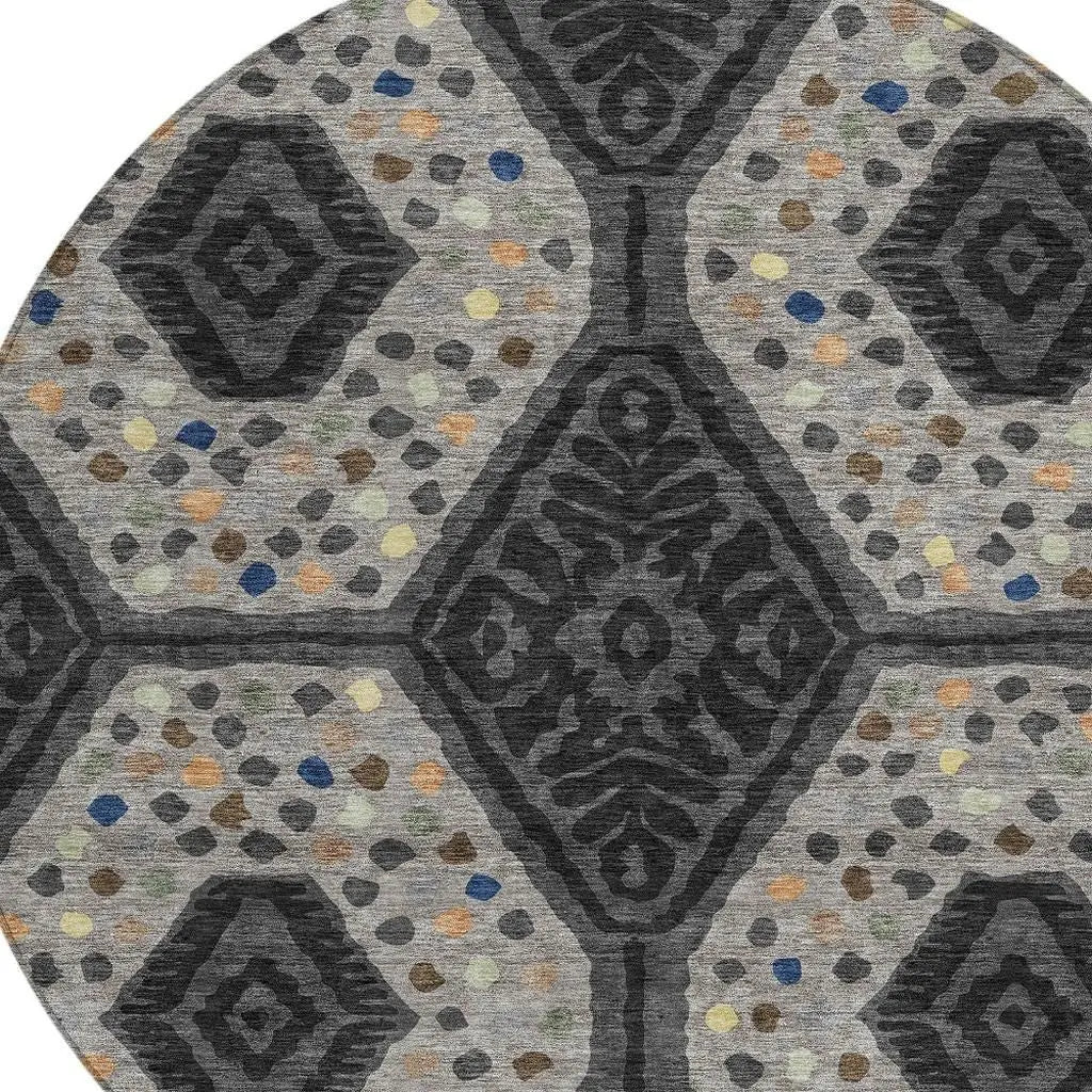8' Charcoal And Gray Round Tribal Washable Indoor Outdoor Area Rug Homeroots Outdoor