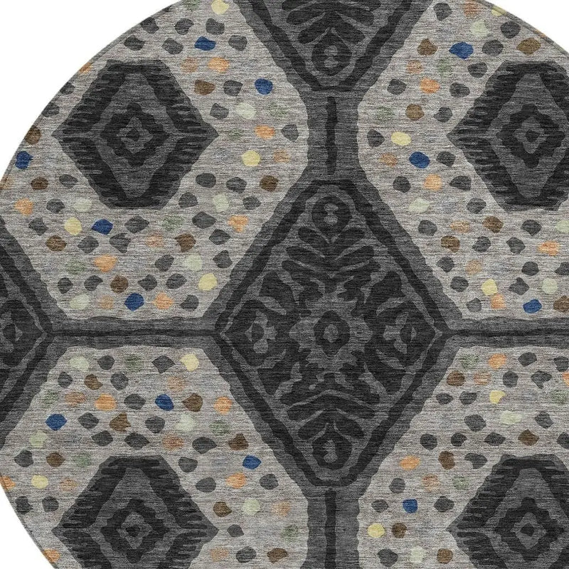 8' Charcoal And Gray Round Tribal Washable Indoor Outdoor Area Rug Homeroots Outdoor