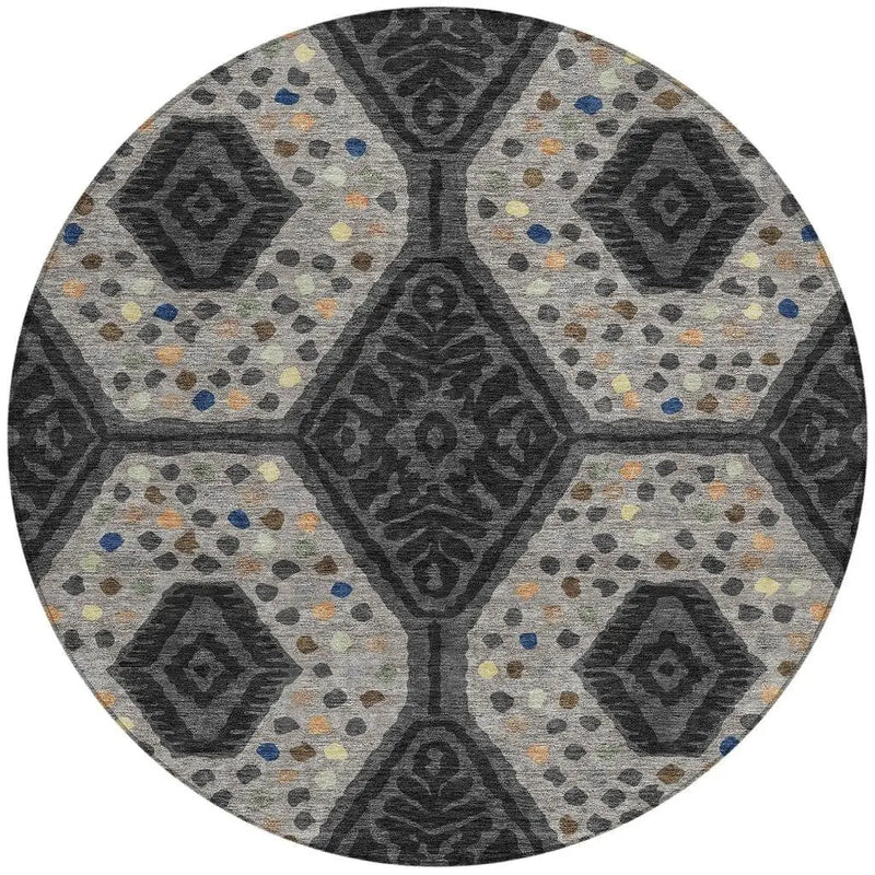 8' Charcoal And Gray Round Tribal Washable Indoor Outdoor Area Rug Homeroots Outdoor